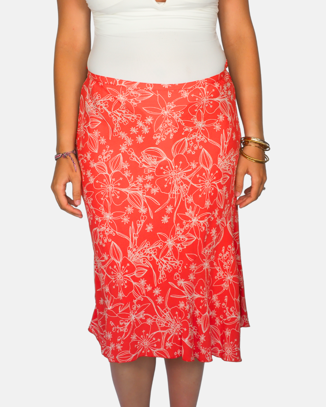 Vintage Coral Bloom Bias-Cut Midi Skirt