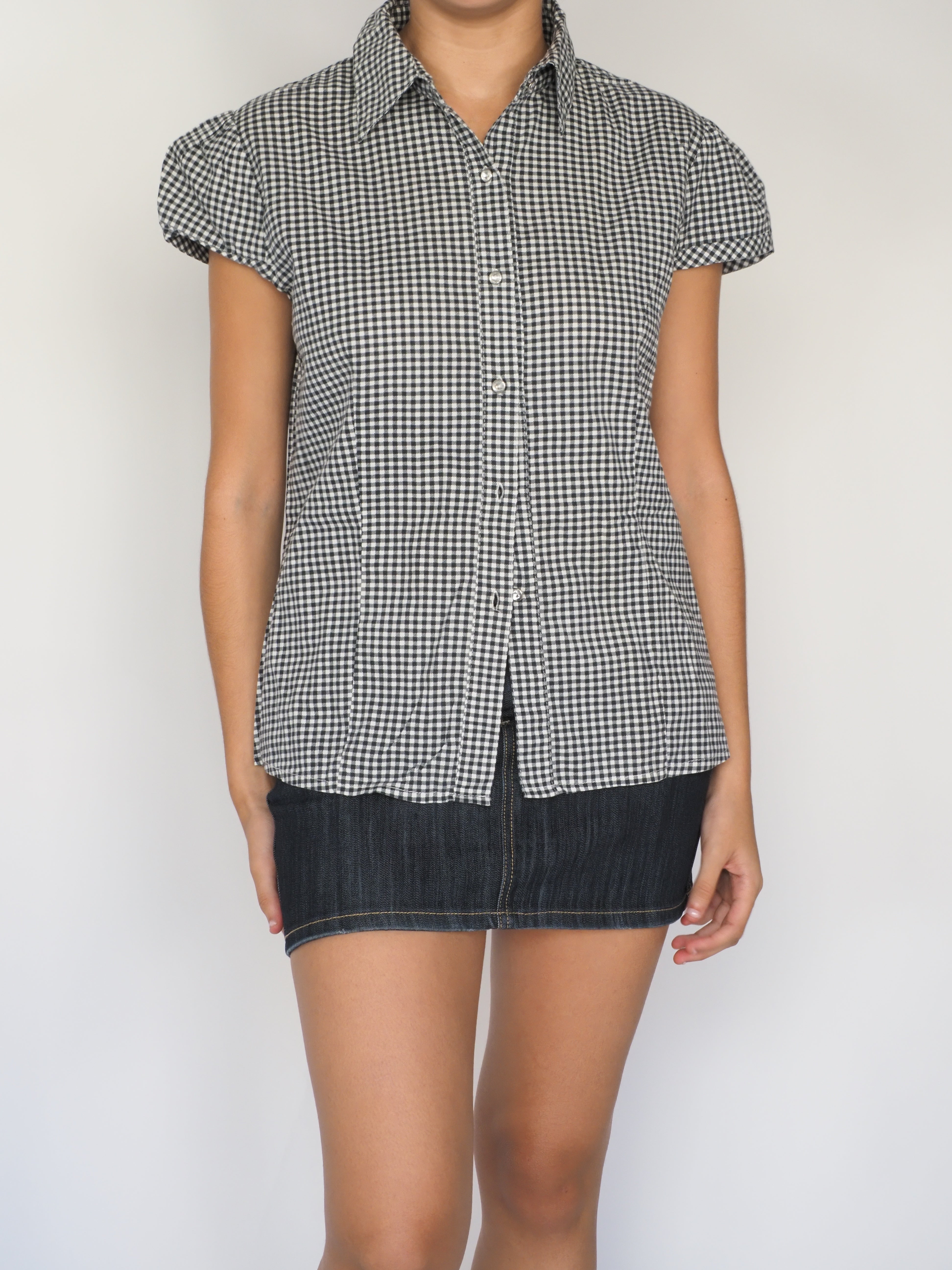 Black & White Gingham Puff-Sleeve Button-Up Shirt – Patty Moon
