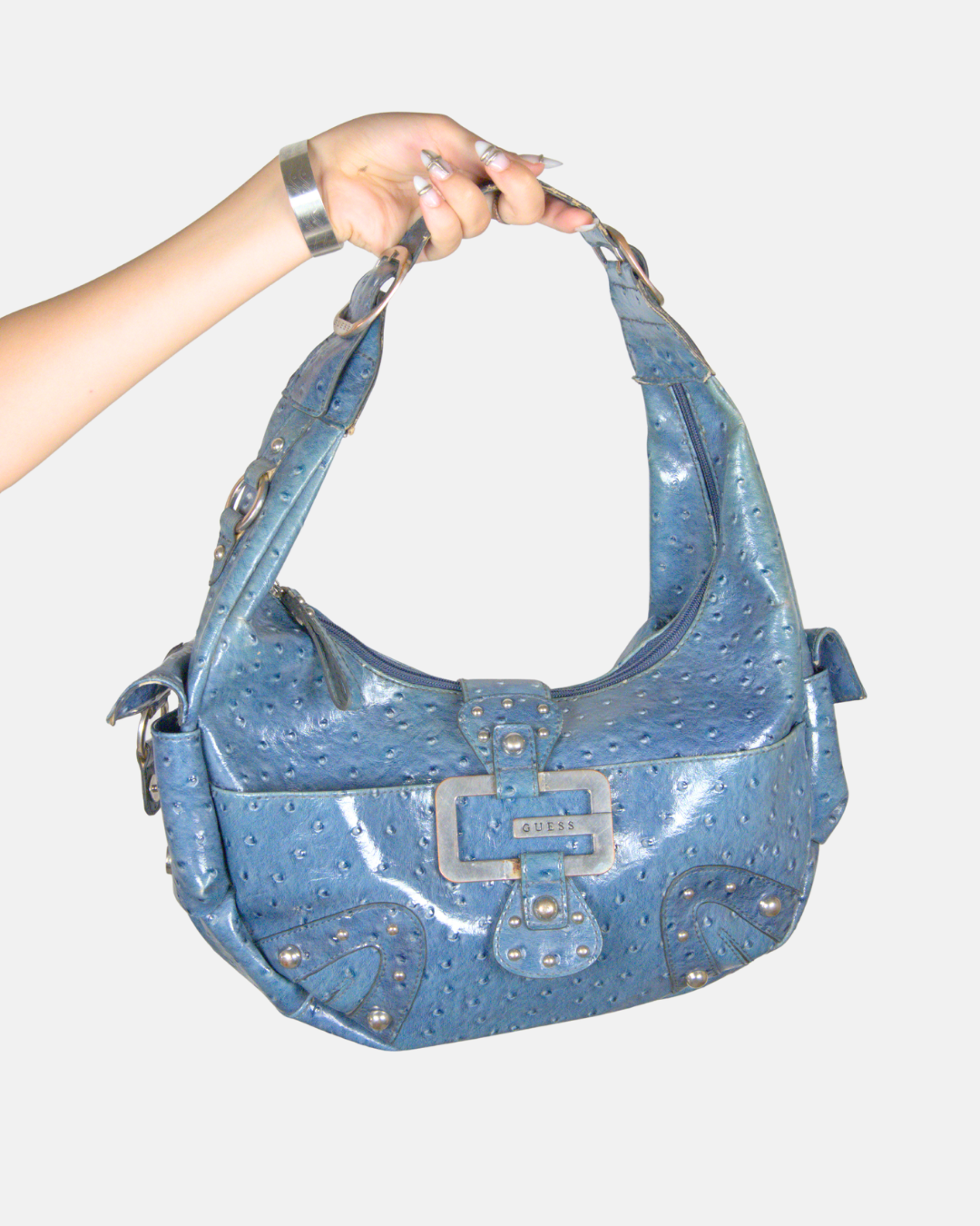 Guess Blue Ostrich-Embossed Shoulder Bag