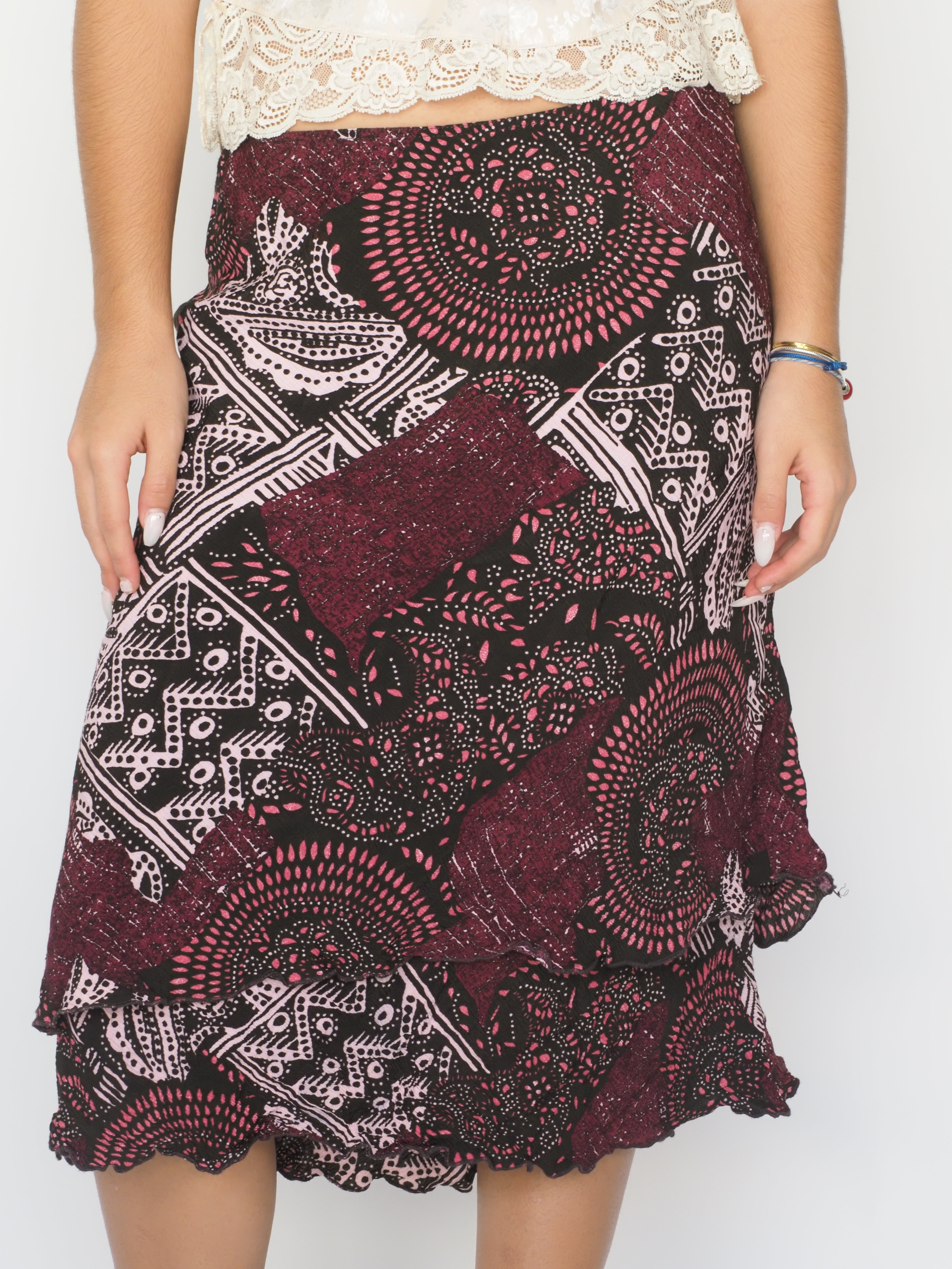 Patchwork Layered Ruffle Midi Skirt
