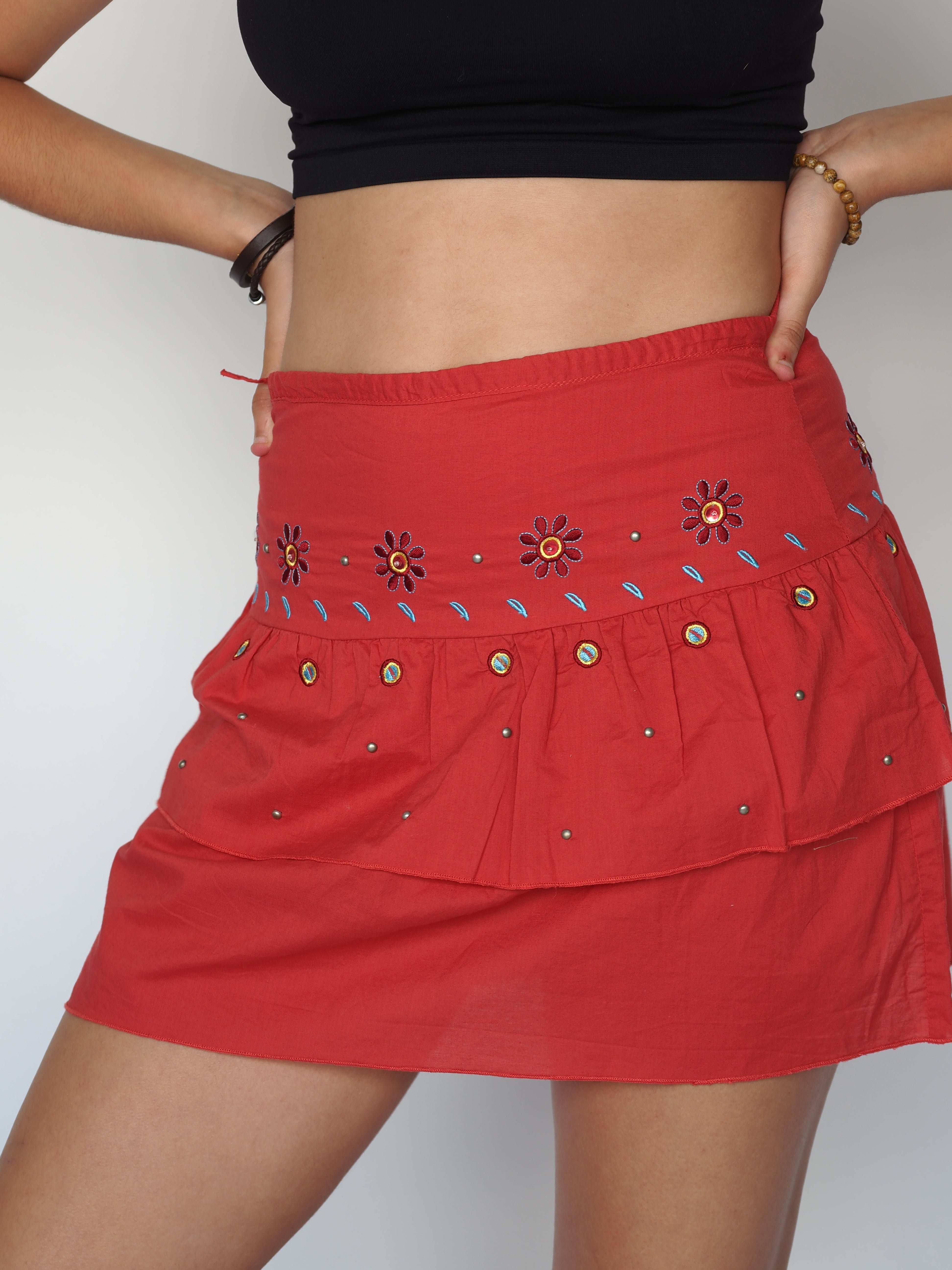 Javeline Paris Red Embroidered Daisy Tiered Mini Skirt