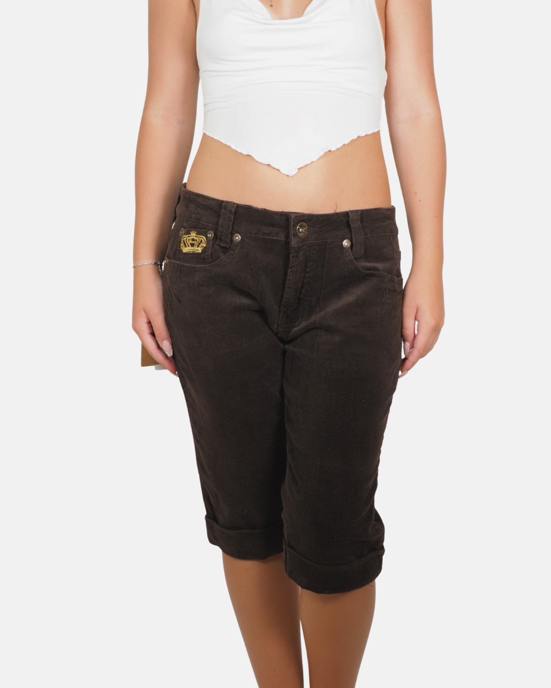 Brown Corduroy Crown Embroidered Capri Trousers - Goody