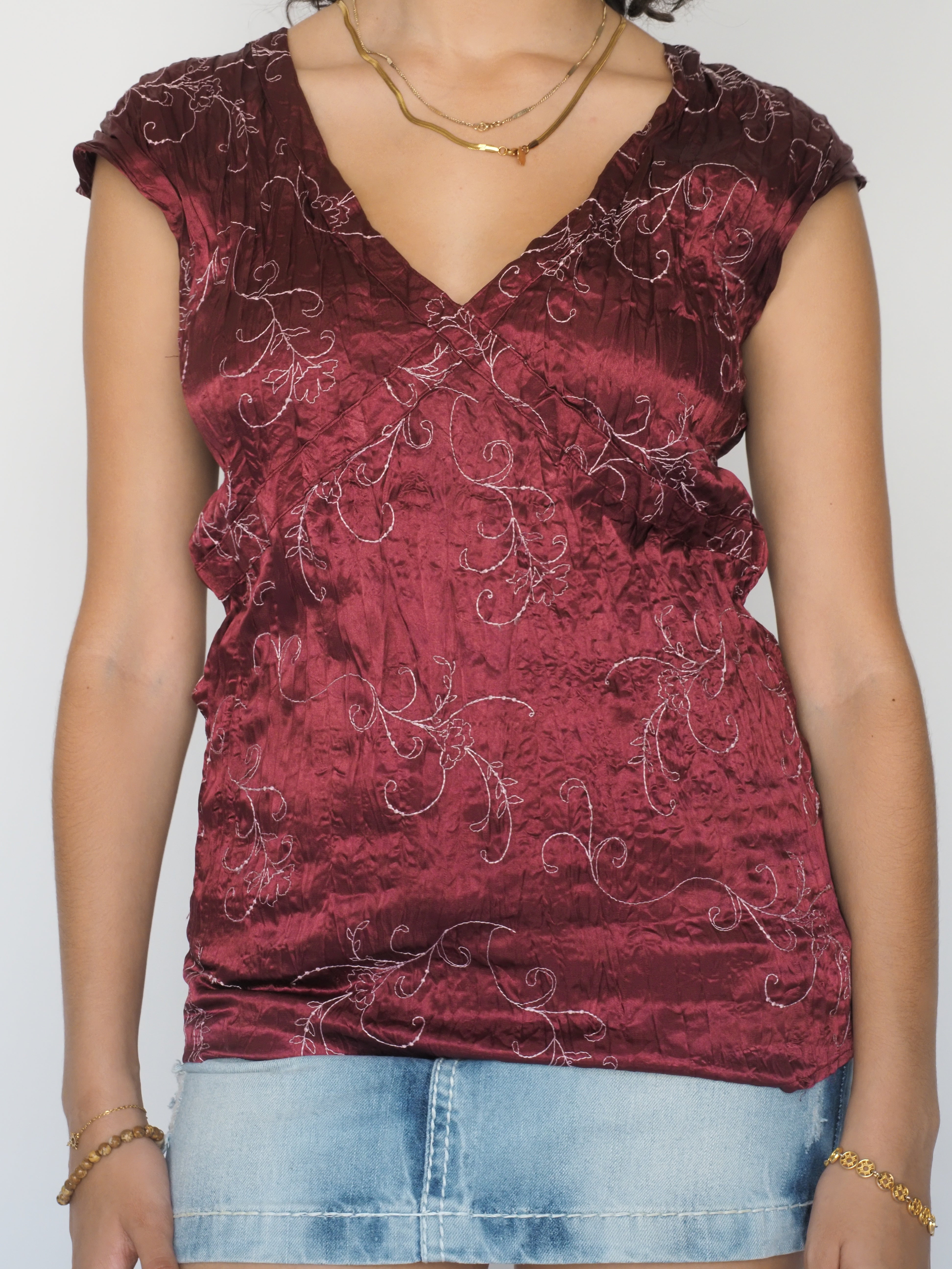 Burgundy Crinkle Wrap Top with Silver Embroidery