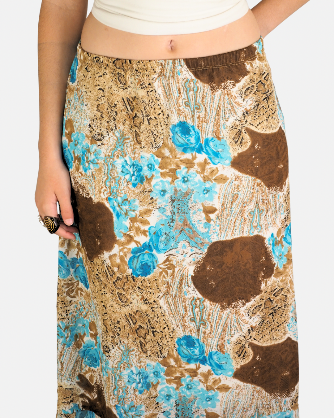 Y2K Turquoise Rose Print Maxi Skirt - Additional-Elle