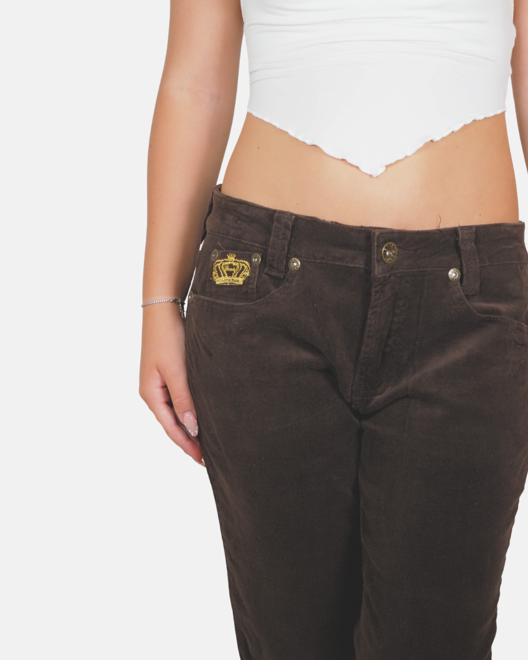 Brown Corduroy Crown Embroidered Capri Trousers - Goody