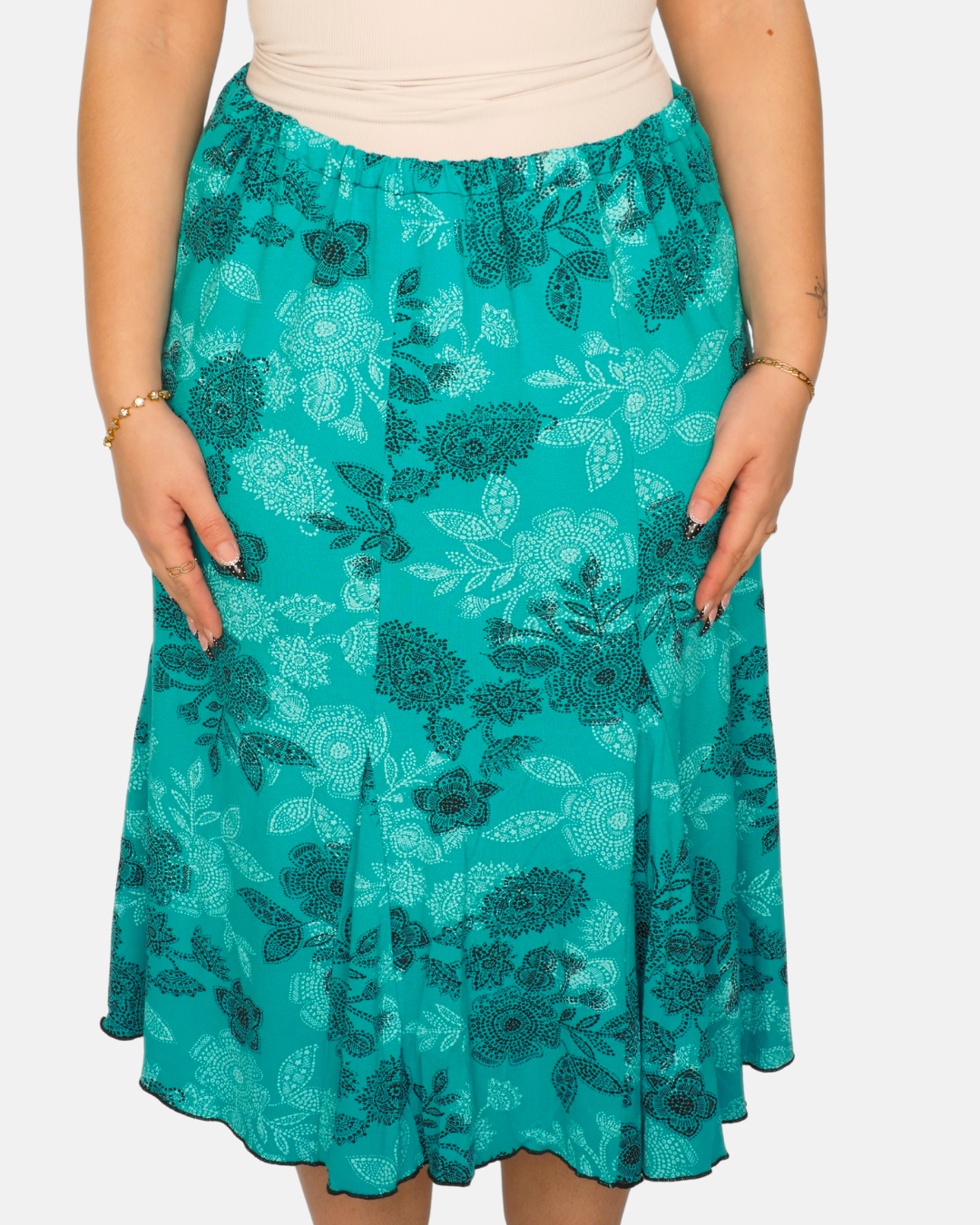 Y2K Teal Floral Midi Skirt with Flowing Lightweight Fit