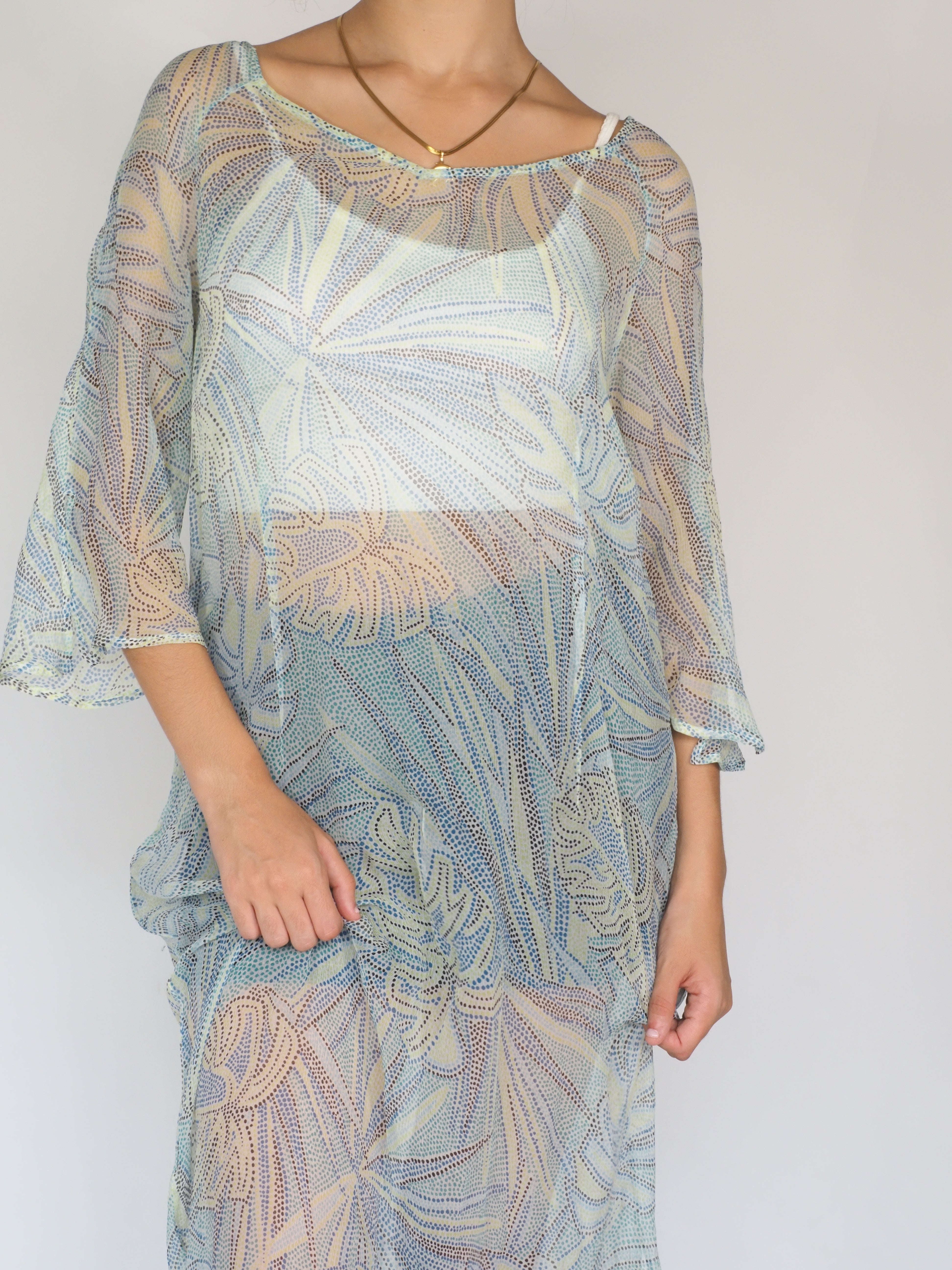 Sheer Tropical Mesh Maxi Dress with Side Slit