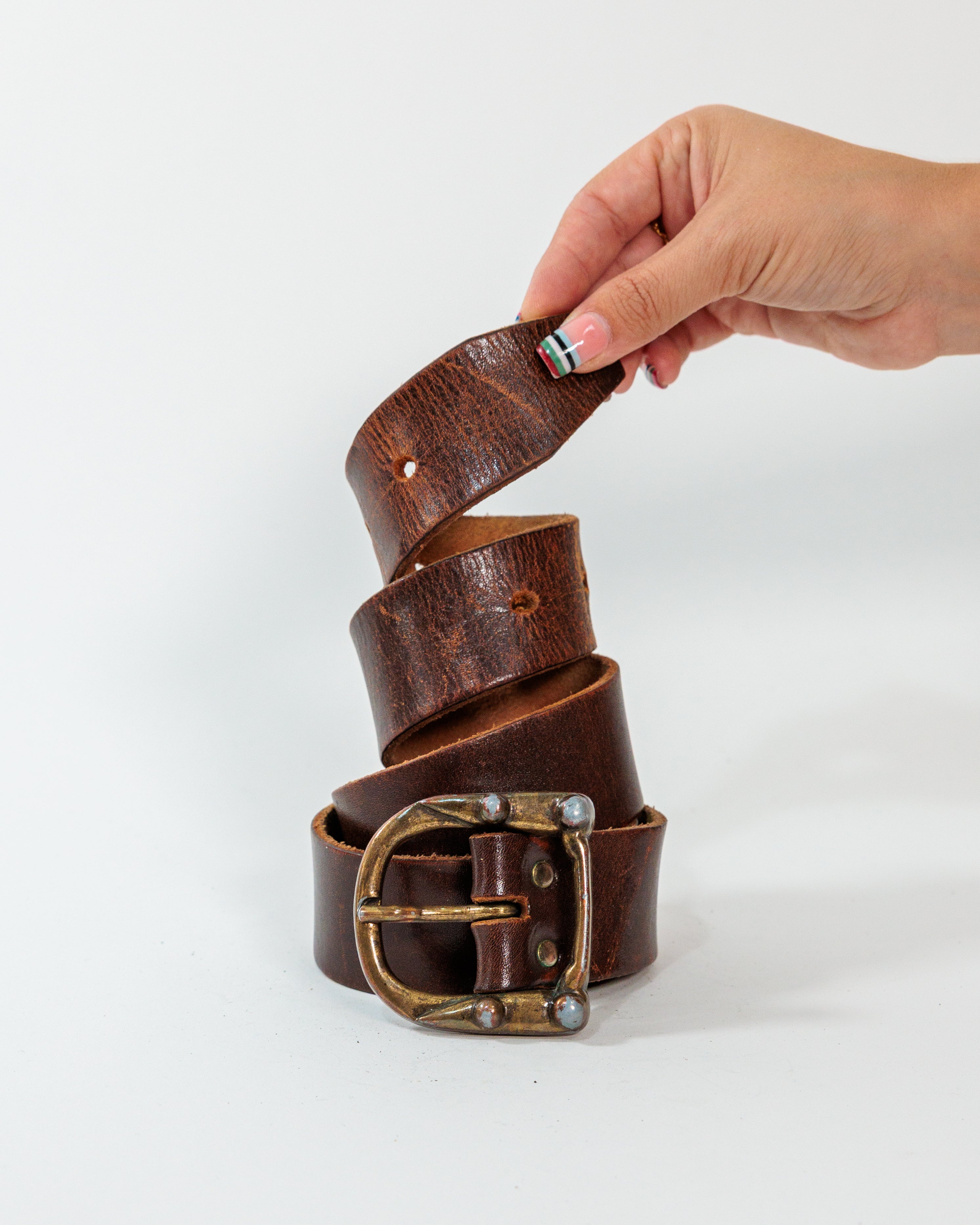 Brown Leather Studded Buckle Belt