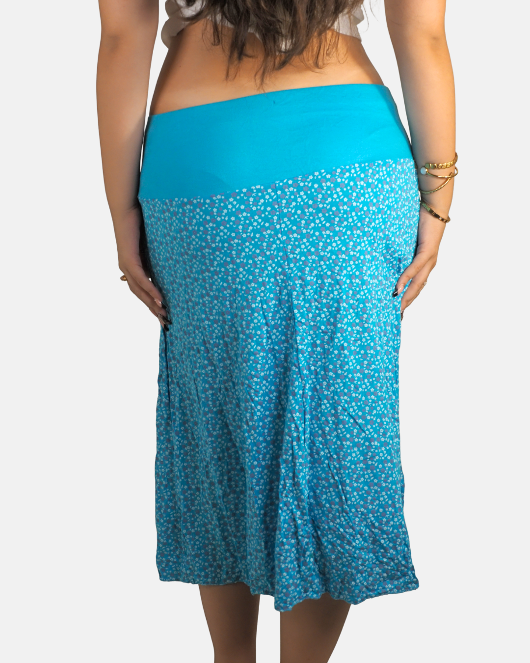 Turquoise Floral Satin-Tie Midi Skirt