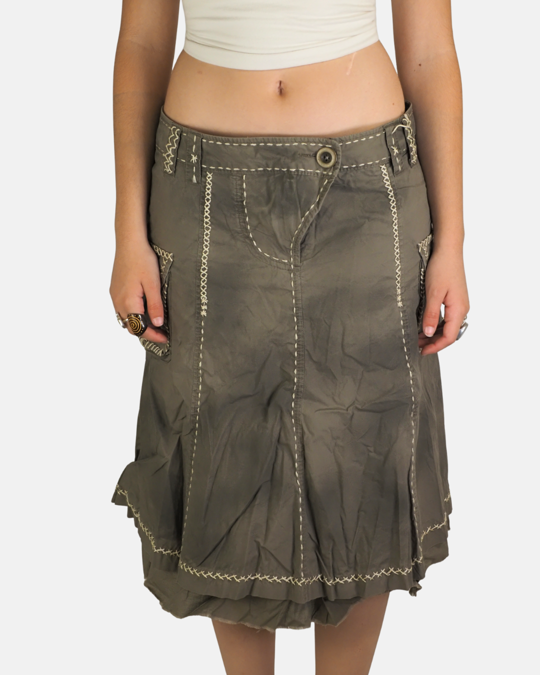 Khaki Embroidered Cargo Midi Skirt - Benetton