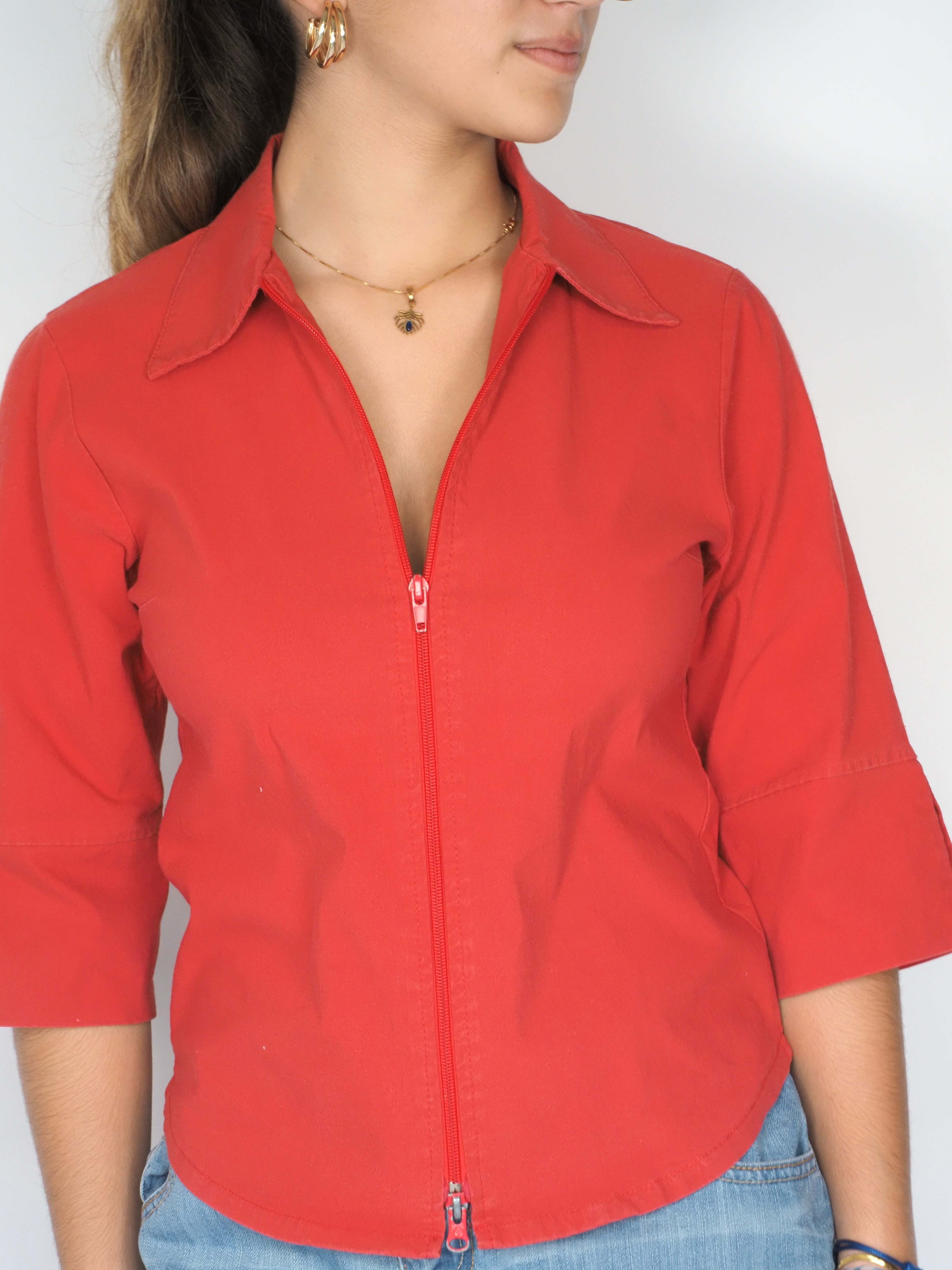 Red Zip-Up Collared Blouse – Extreme