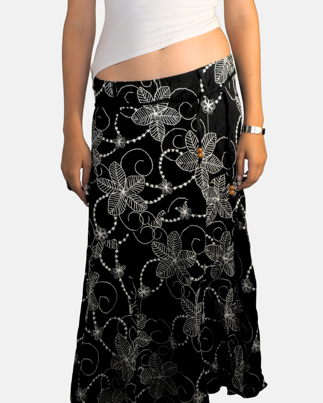 Black Embroidered Floral Wrap Maxi Skirt