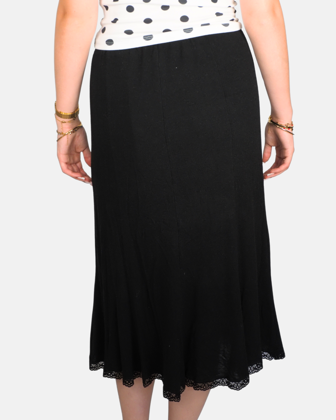 Black Lace Trim Bias-Cut Midi Skirt