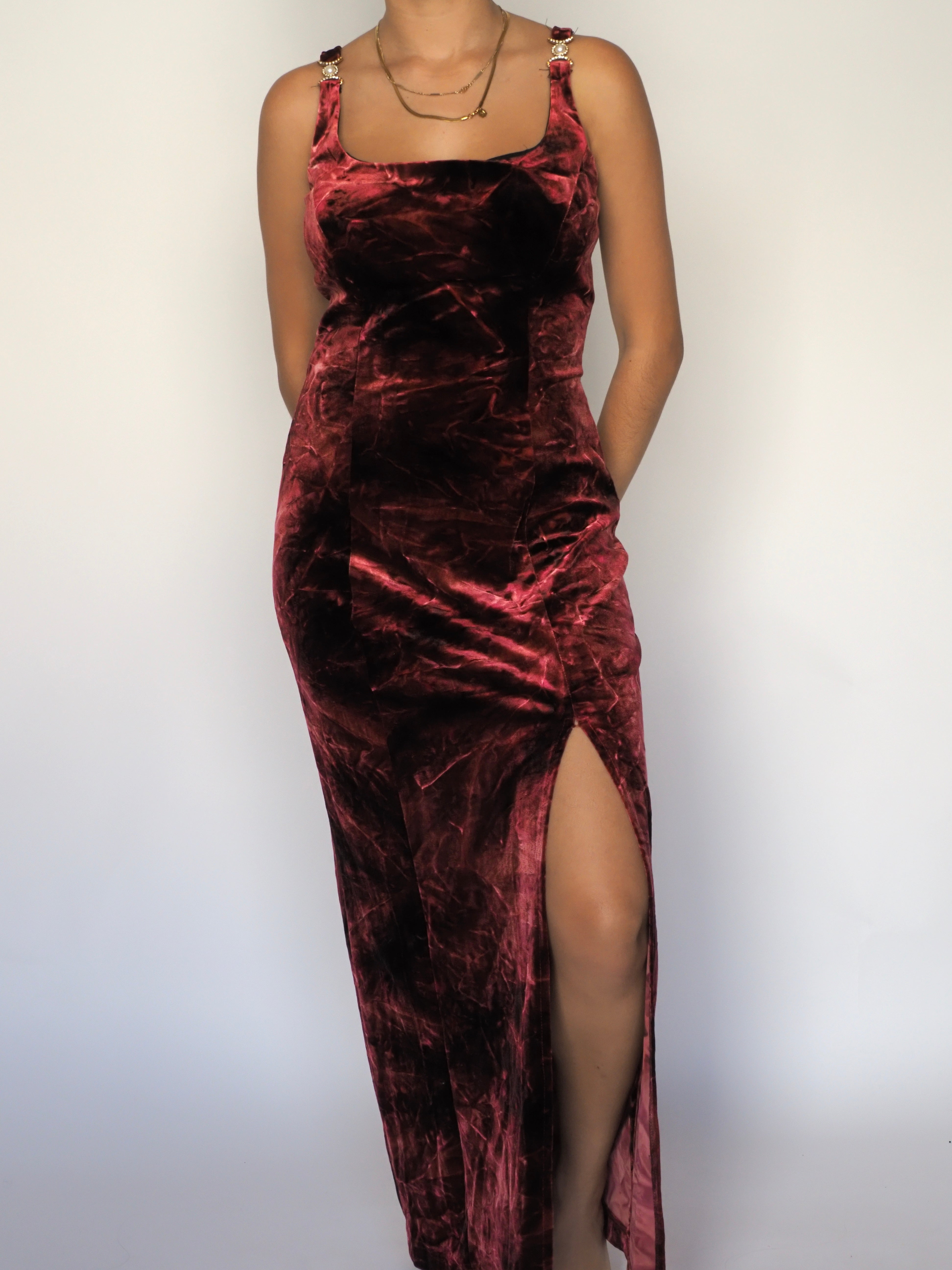 Burgundy Crushed Velvet Gown with Rhinestone Straps – Bari Jay