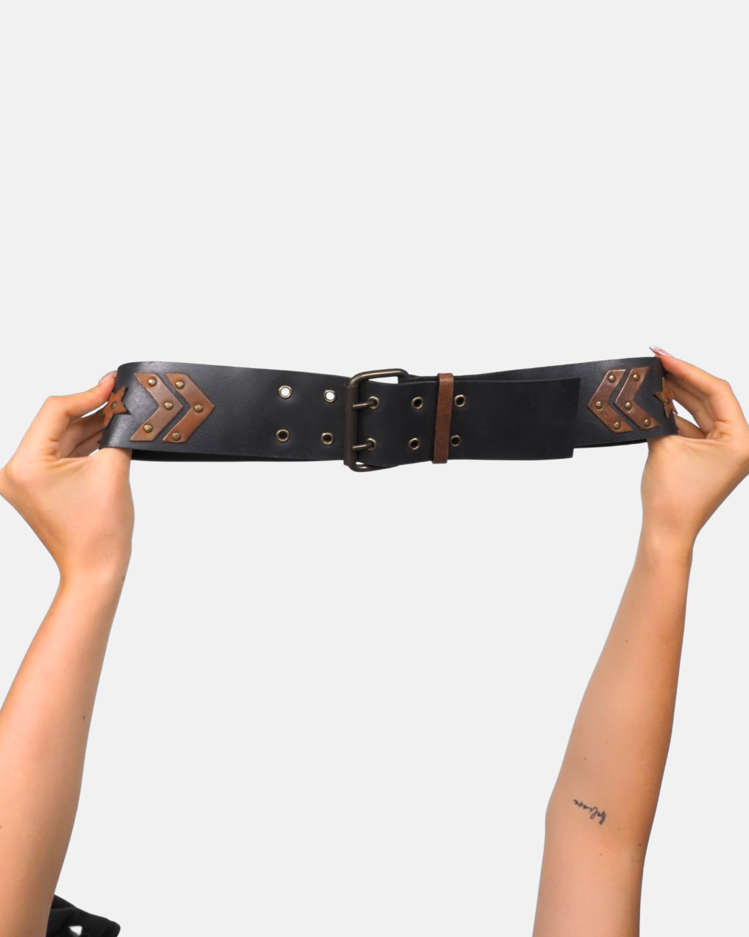 Black Wide Leather Belt with Star & Chevron Detail