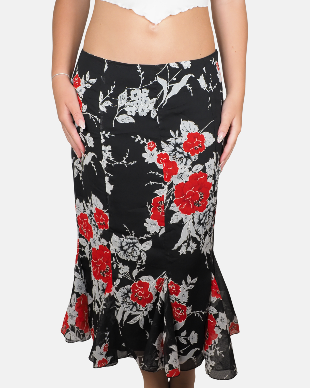 Vintage Black & Red Floral Two-Piece Cropped Top & Mermaid Midi Skirt