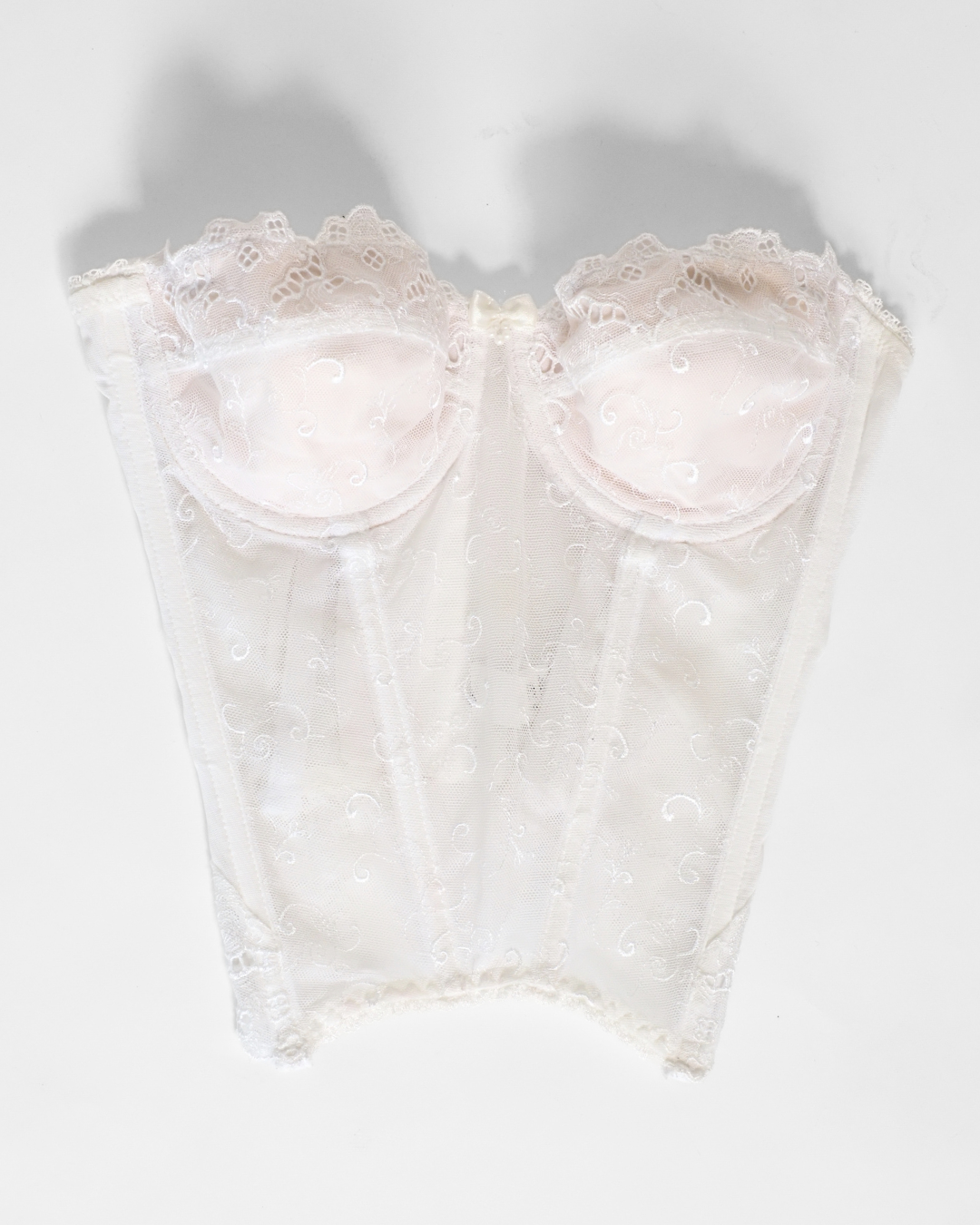 Sheer Ivory Lace Corset Top with Embroidered Mesh & Ruffle Trim