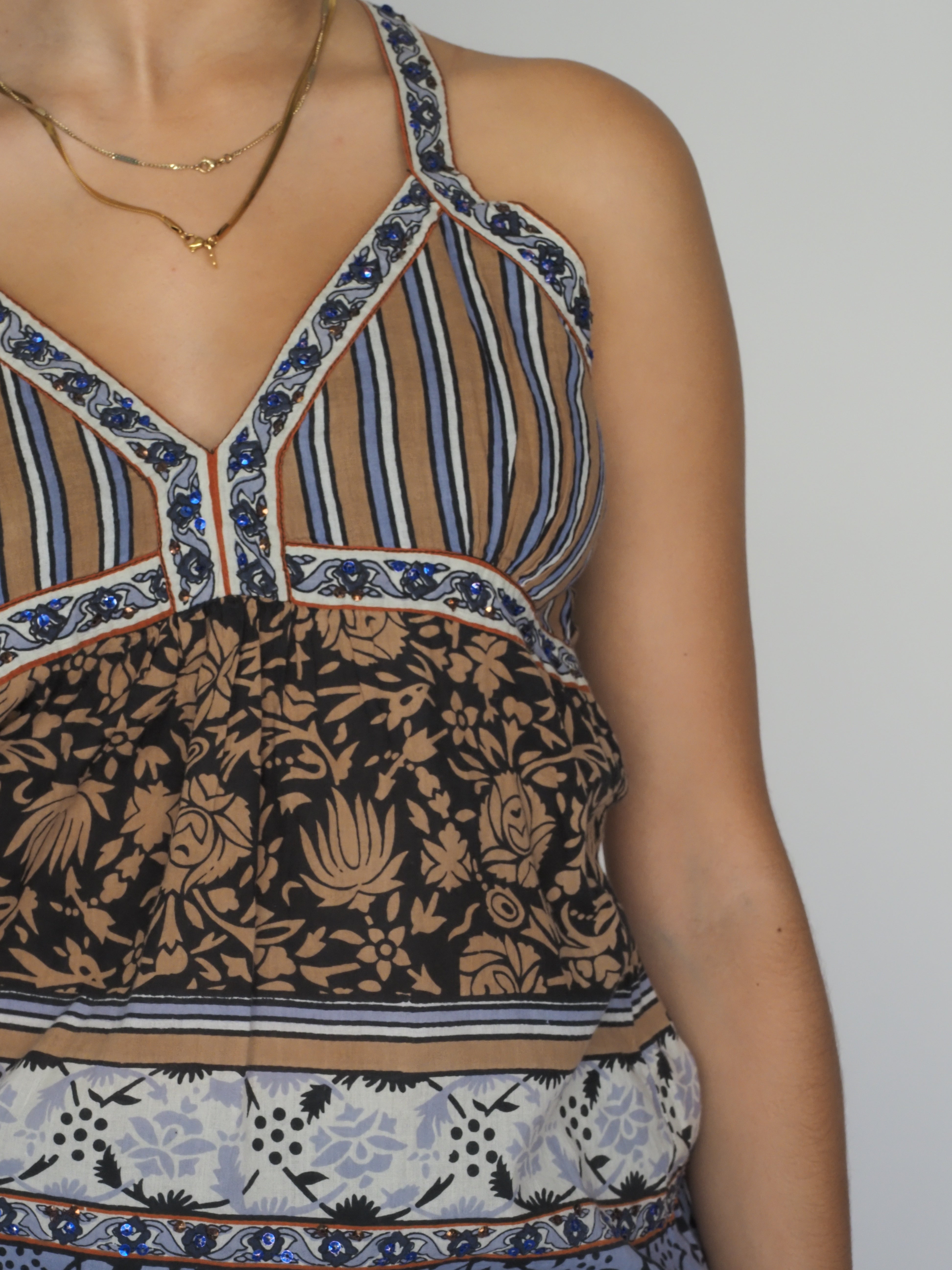 Y2K Boho Patchwork Print Strappy Top – Brown & Blue