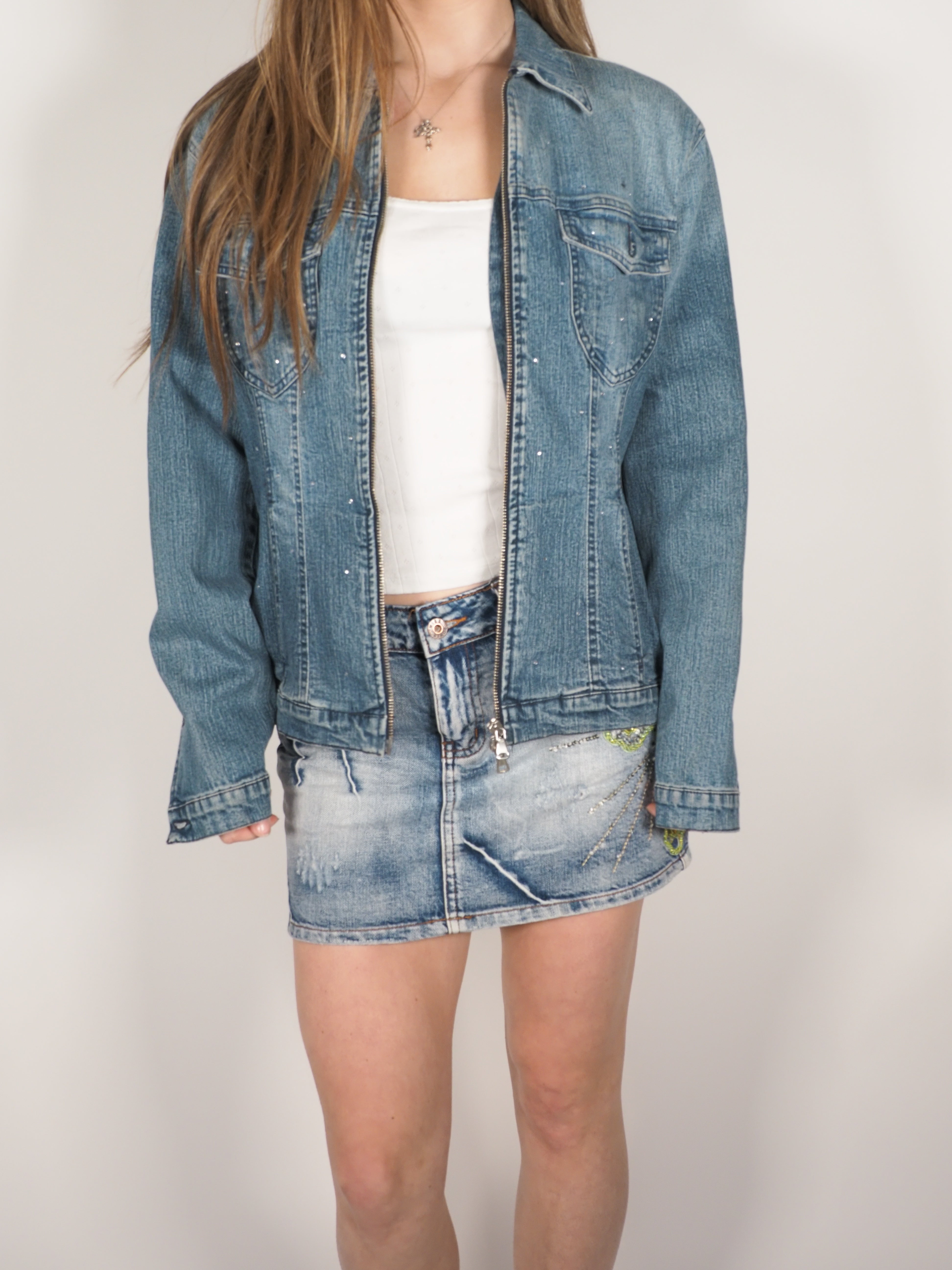 Y2K MHV Zip-Up Denim Jacket with Subtle Sparkle Details