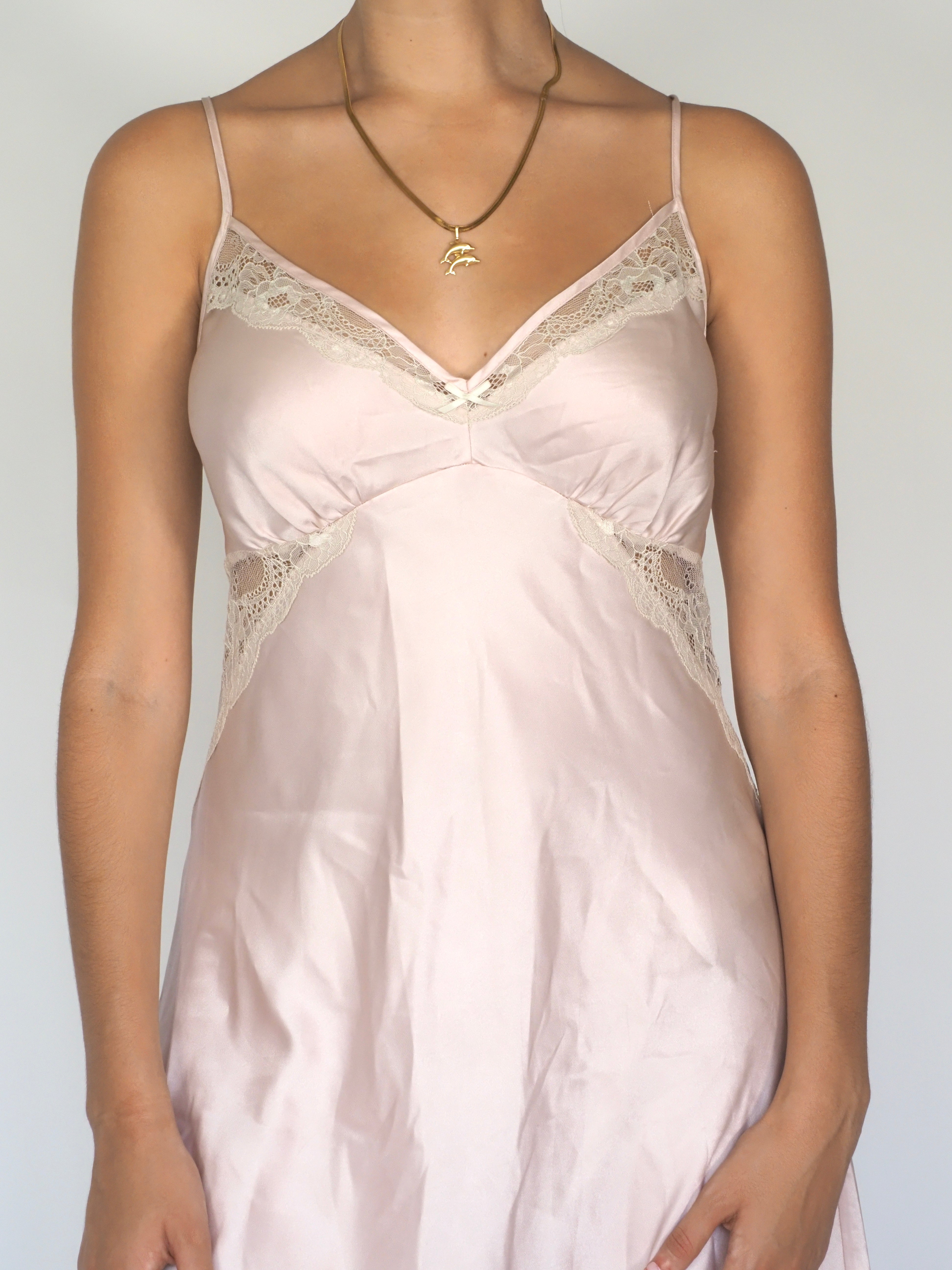 Blush Satin Slip Dress with Lace Trim