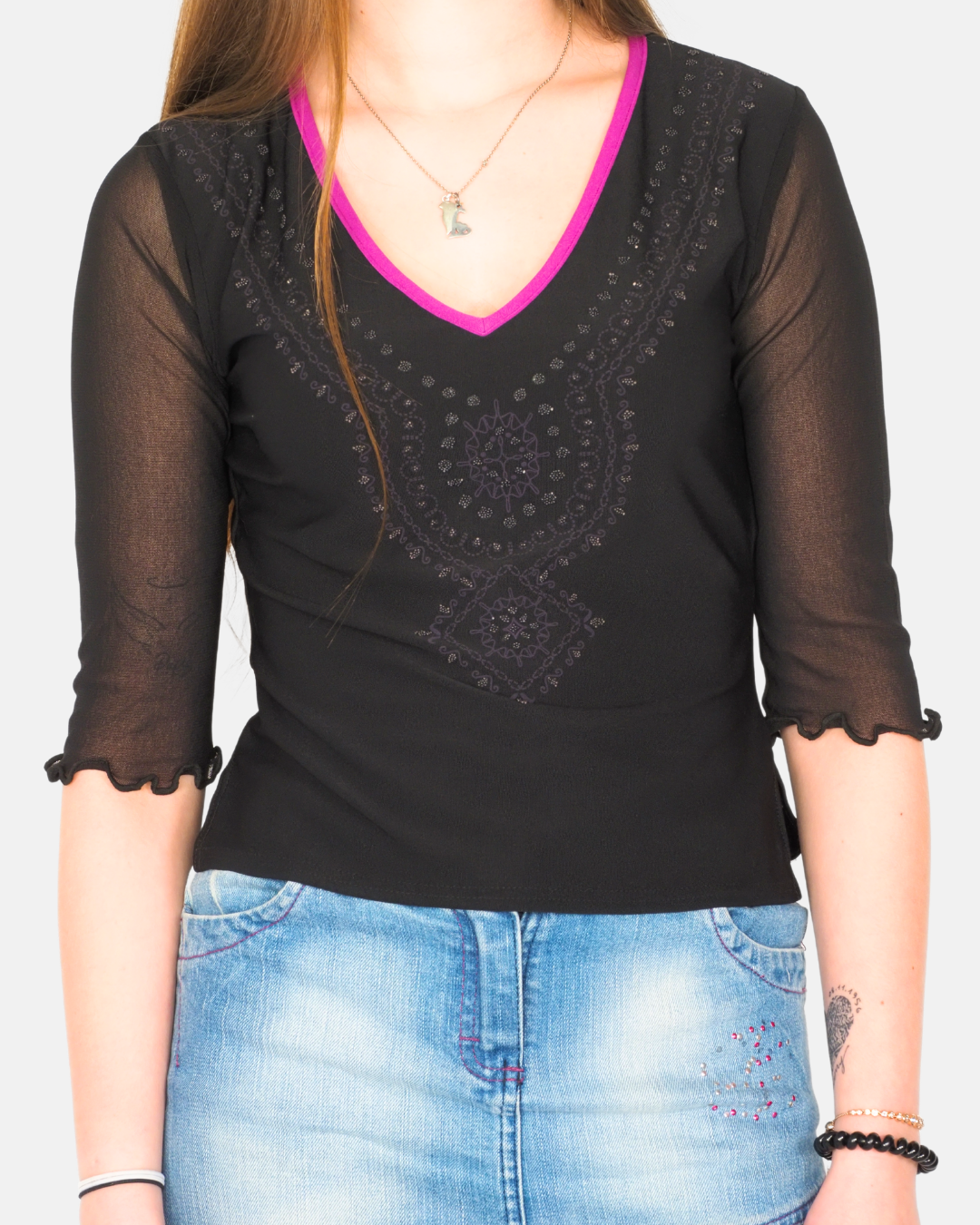 Progress Black Sheer Sleeve V-Neck Top with Pink Trim