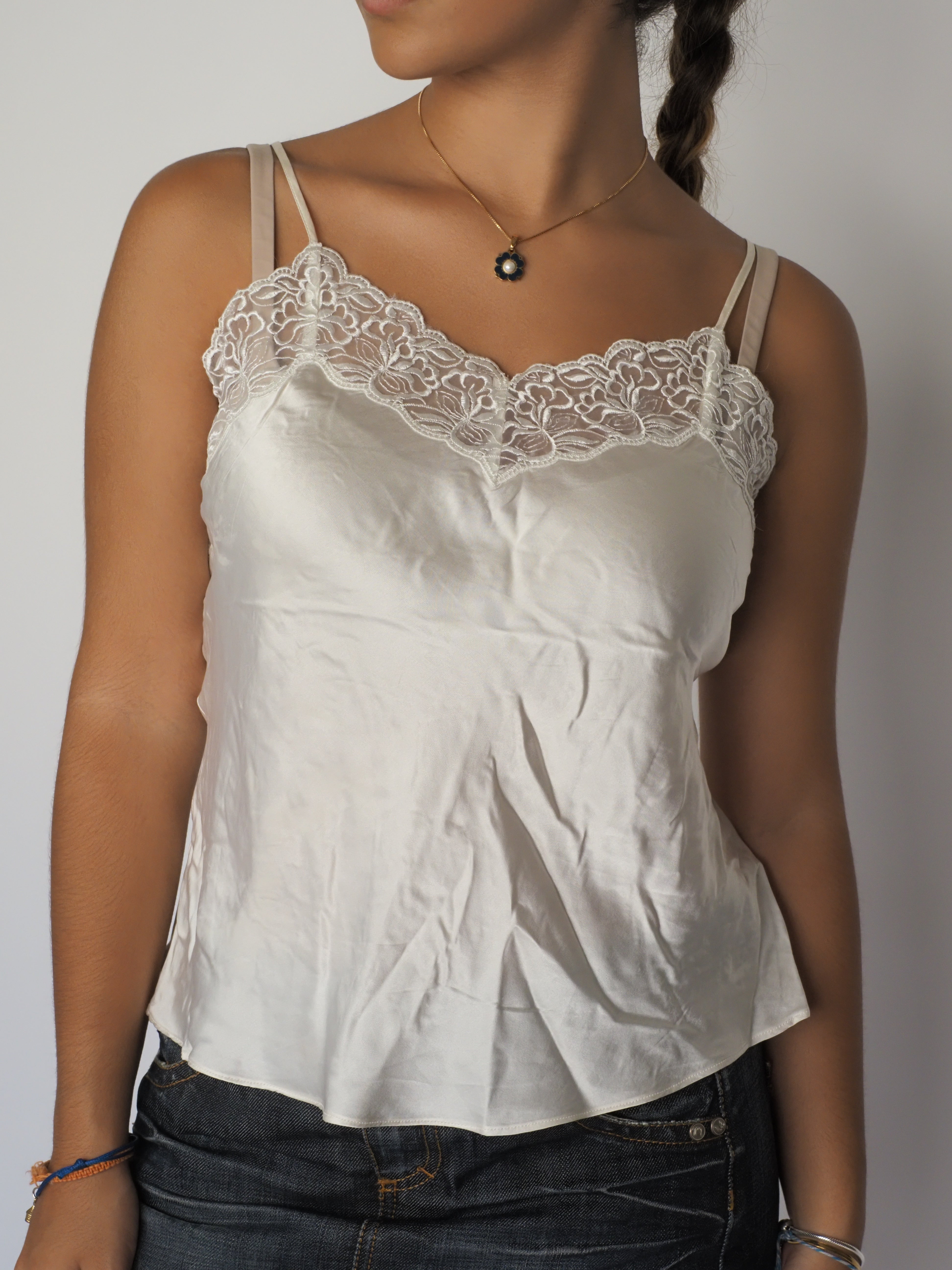Vintage Cream Satin Camisole with Floral Lace Trim – Amorette