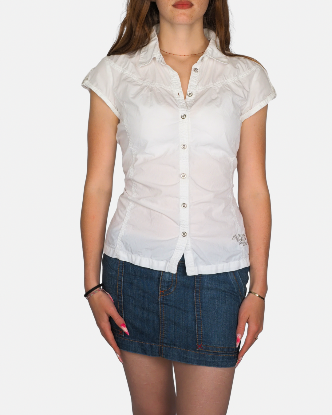 White Cap Sleeve Fitted Button-Up Top by Special Garment