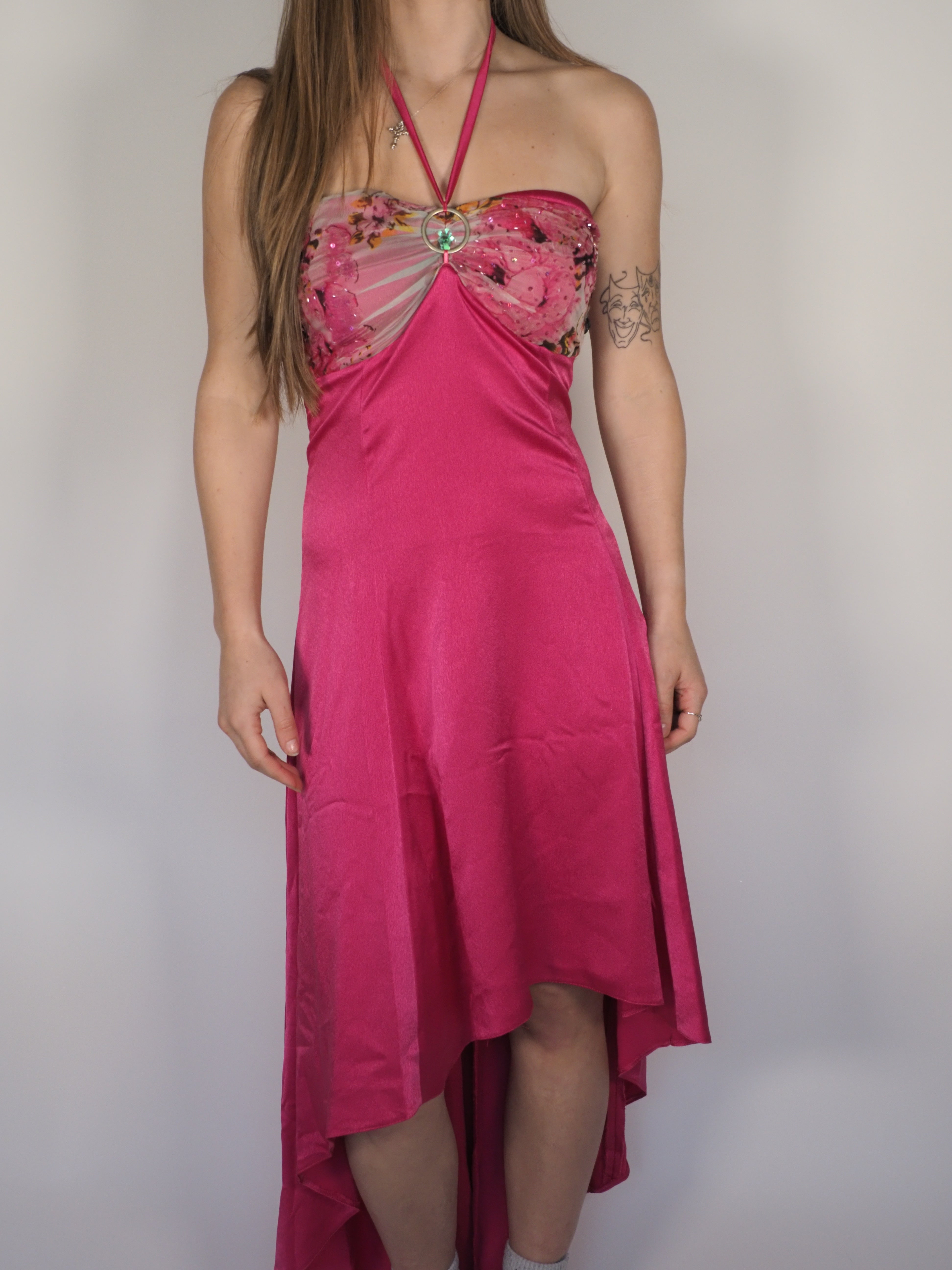 Hot Pink Halter Dress with Ring Detail & Hi-Low Hem