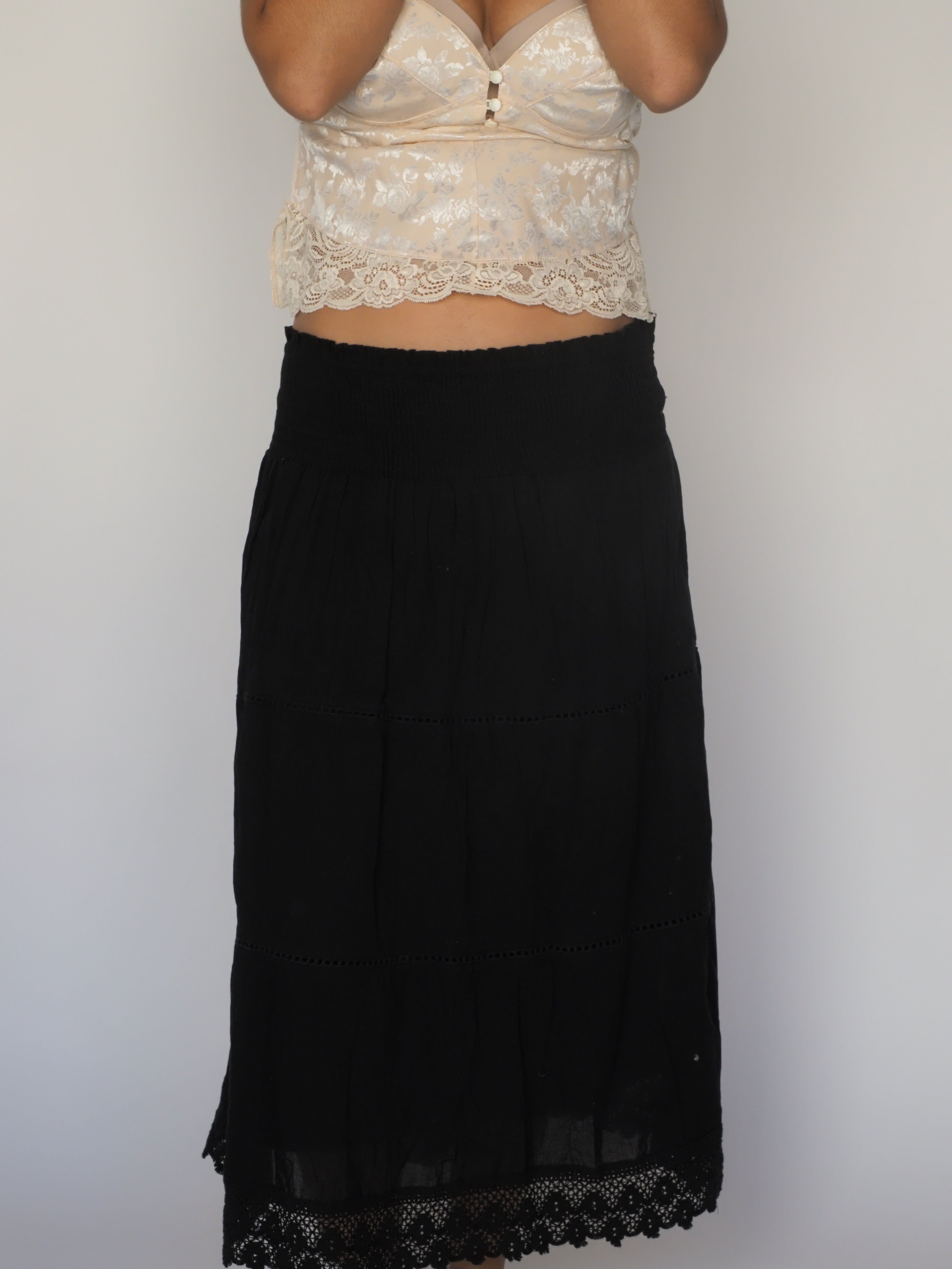 Bohemian Black Tiered Cotton Skirt with Crochet Hem