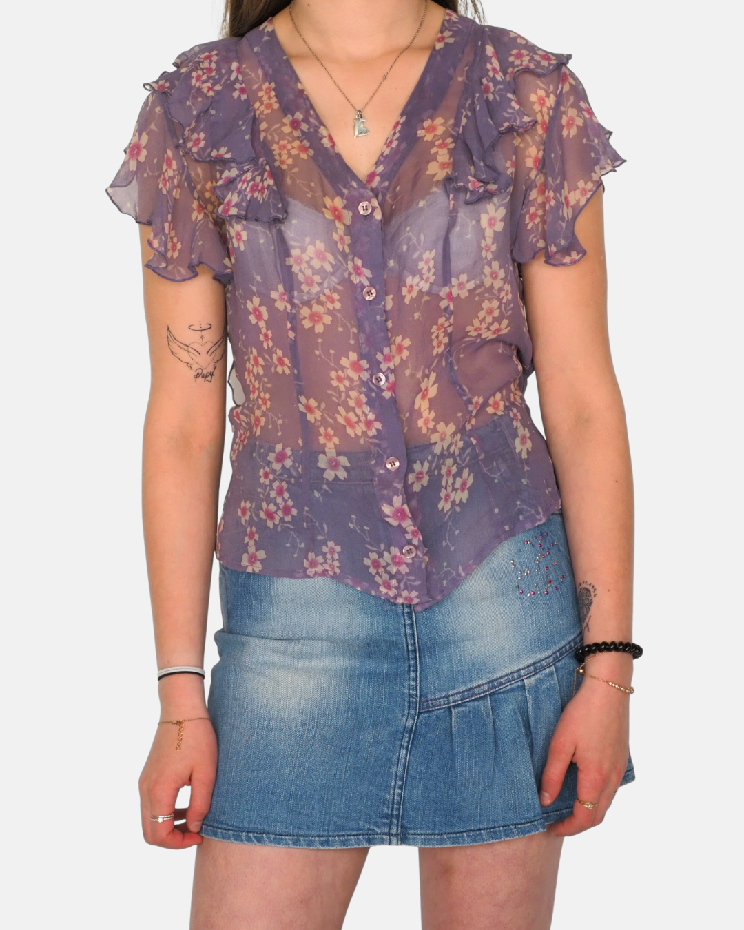 Full Circle Sheer Purple Floral Ruffle Blouse
