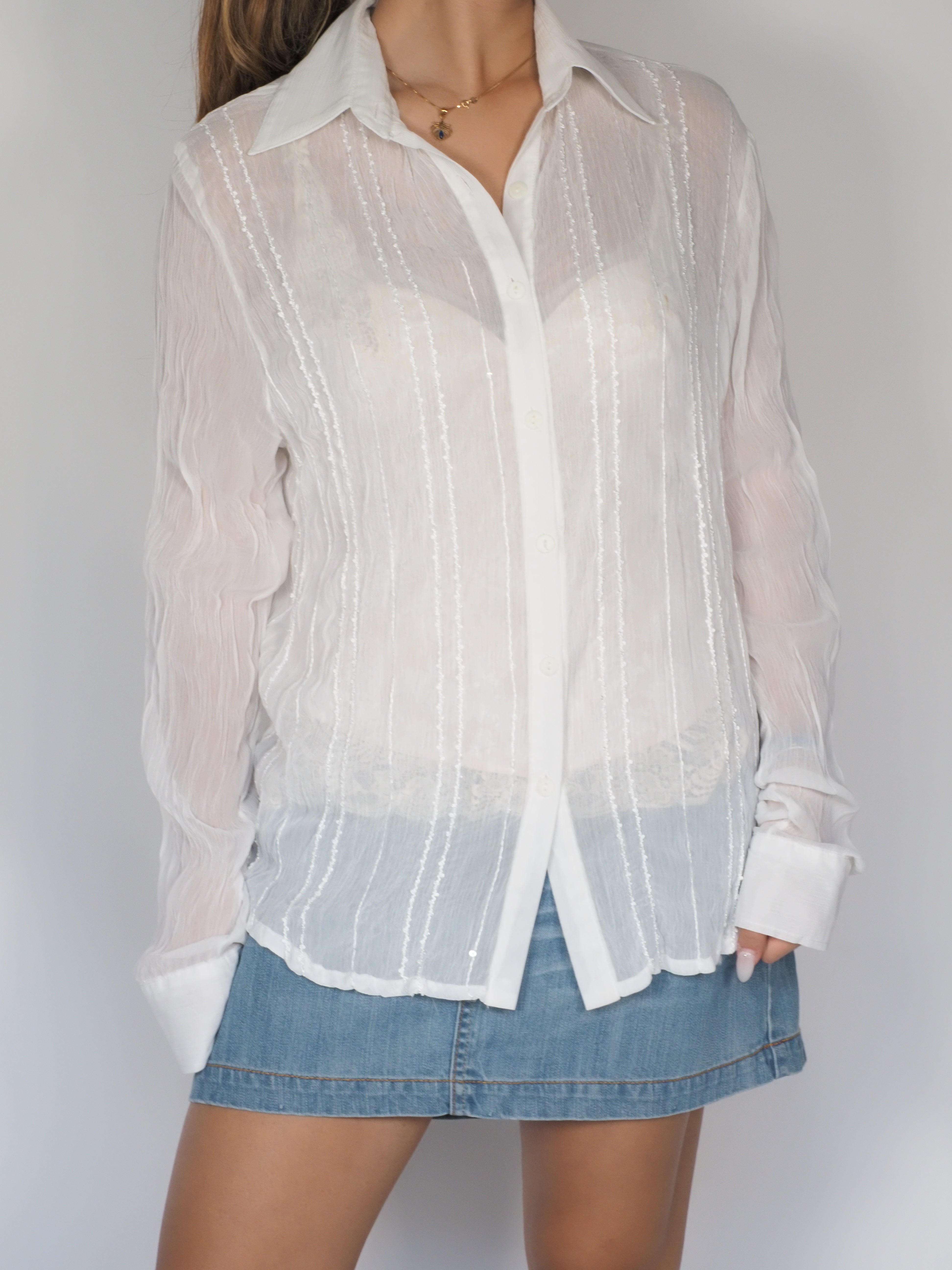 Sheer White Textured Button-Up Shirt – Survive