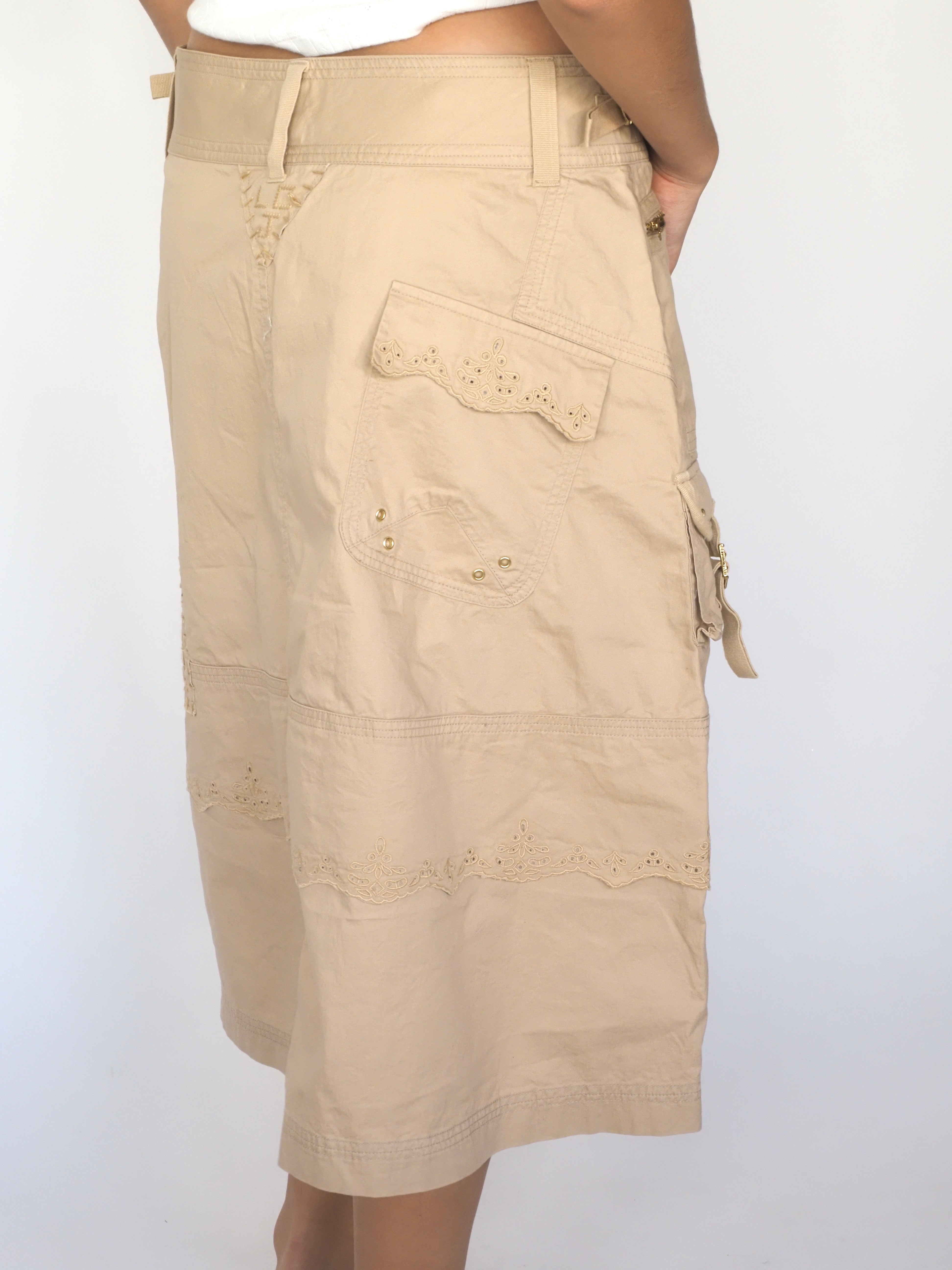 Y2K Beige Embroidered Cargo Midi Skirt with Zip & Pocket Detailing