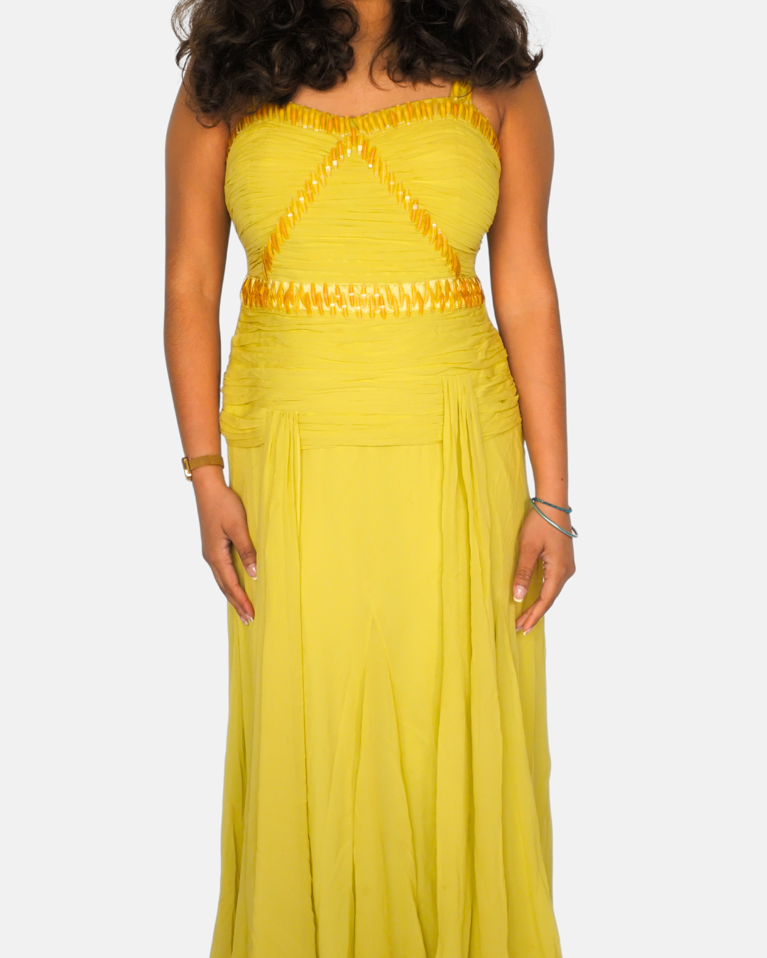 Nina Austin Vintage Yellow Strapless Draped Maxi Dress