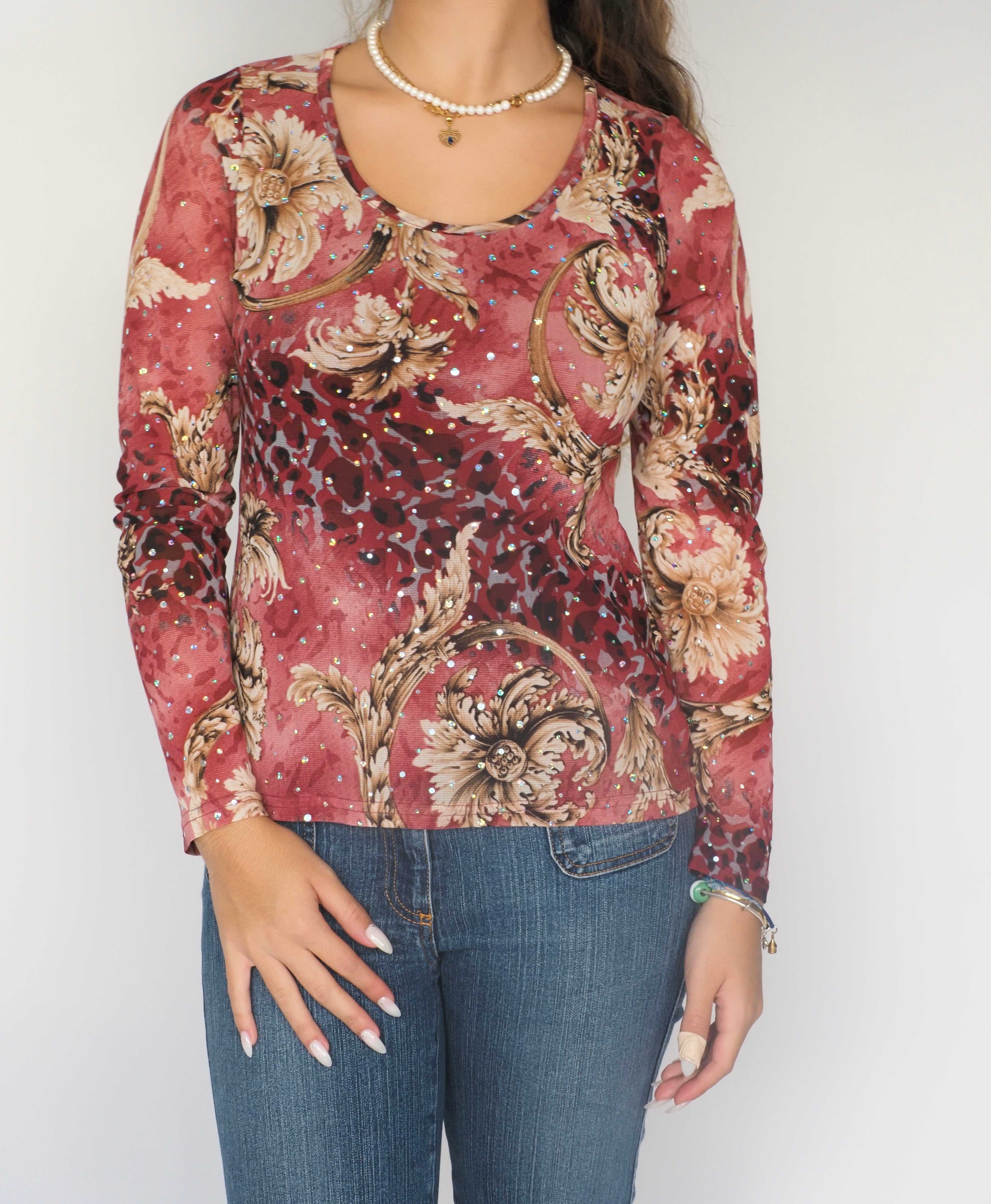 Baroque Floral Glitter Mesh Long Sleeve
