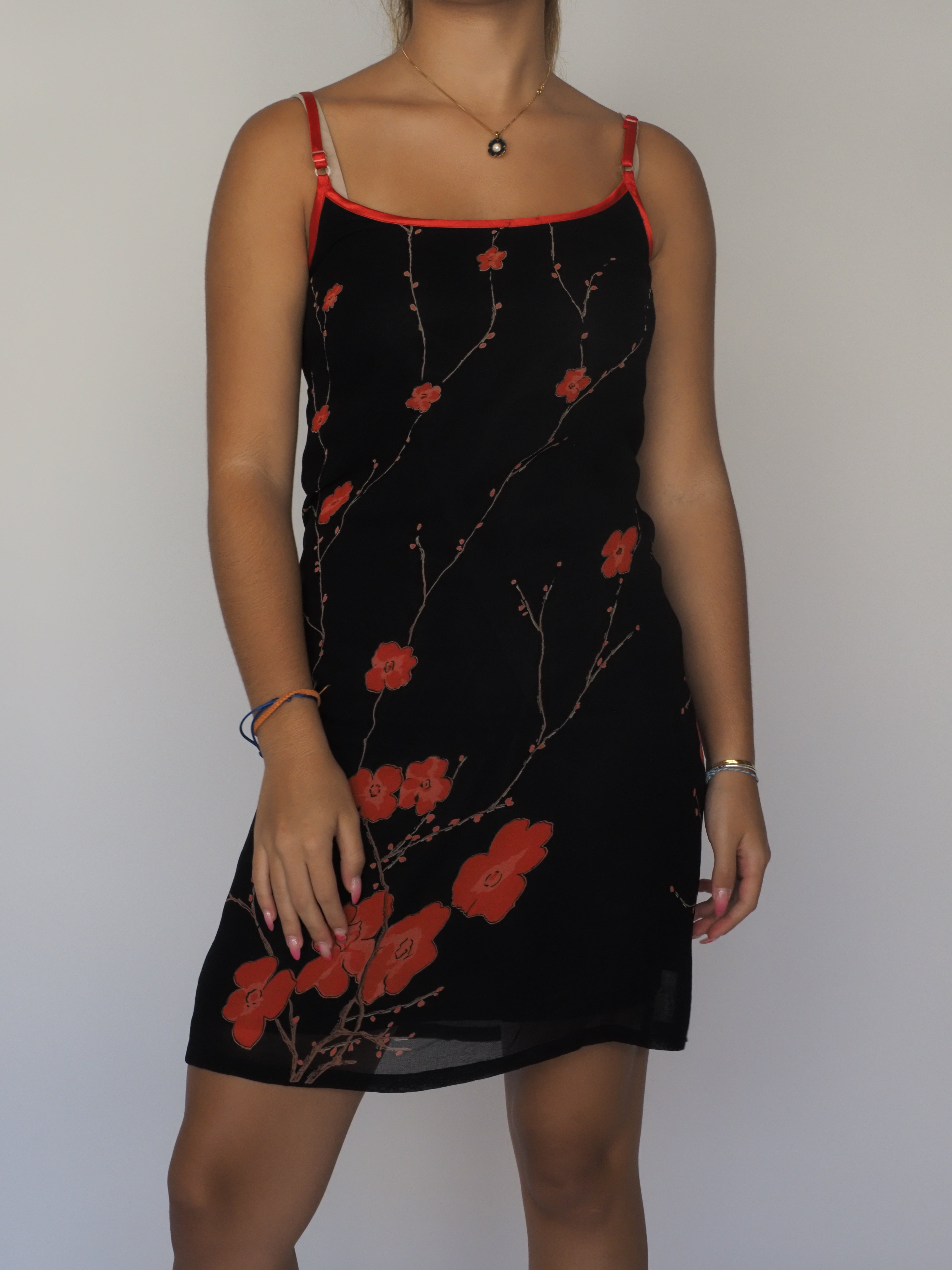 Vintage Magnolia Blossom Black Slip Dress – Red Floral Print