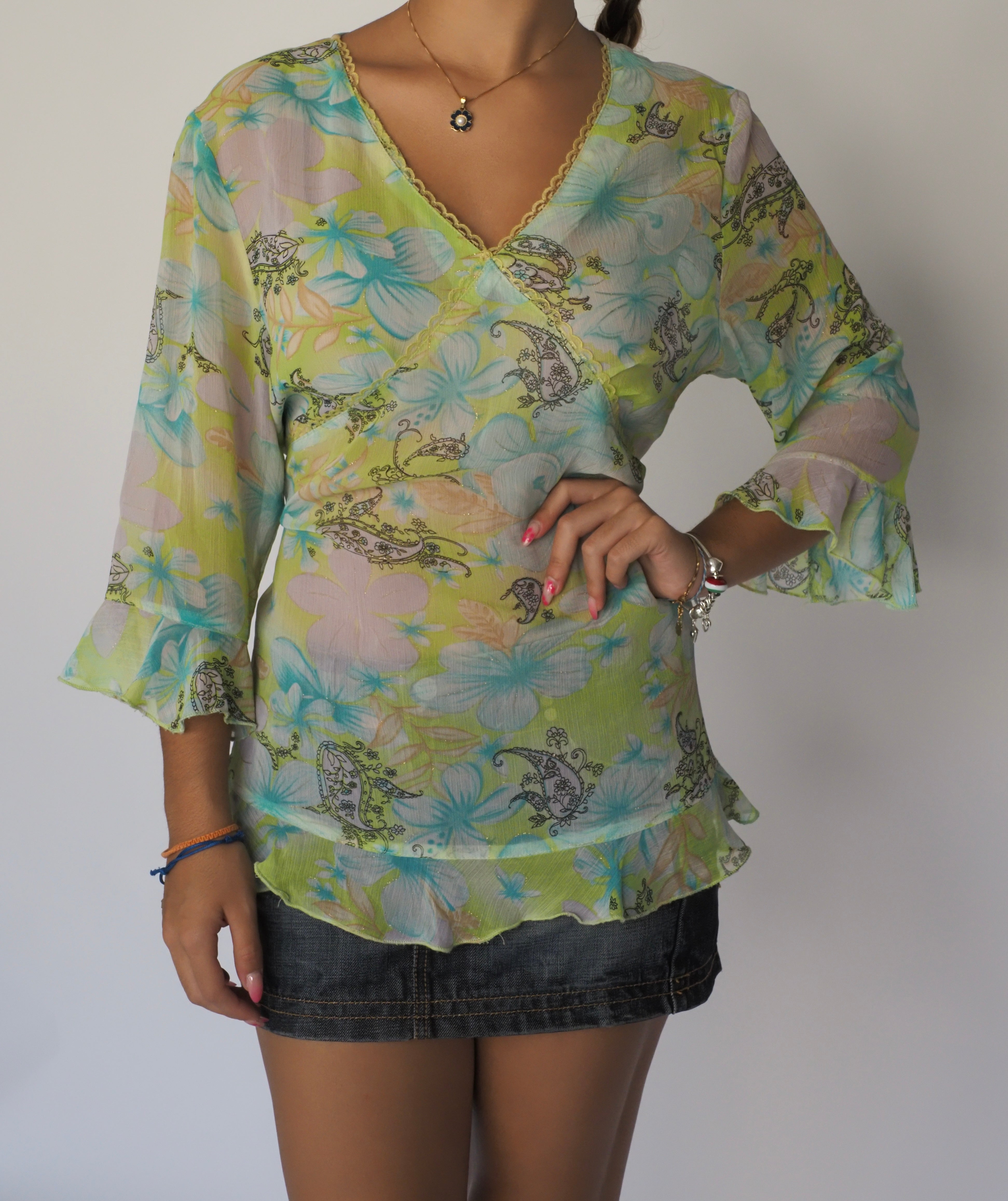 Sheer Lime Green 2000s Floral Mesh Top with Ruffle Trim
