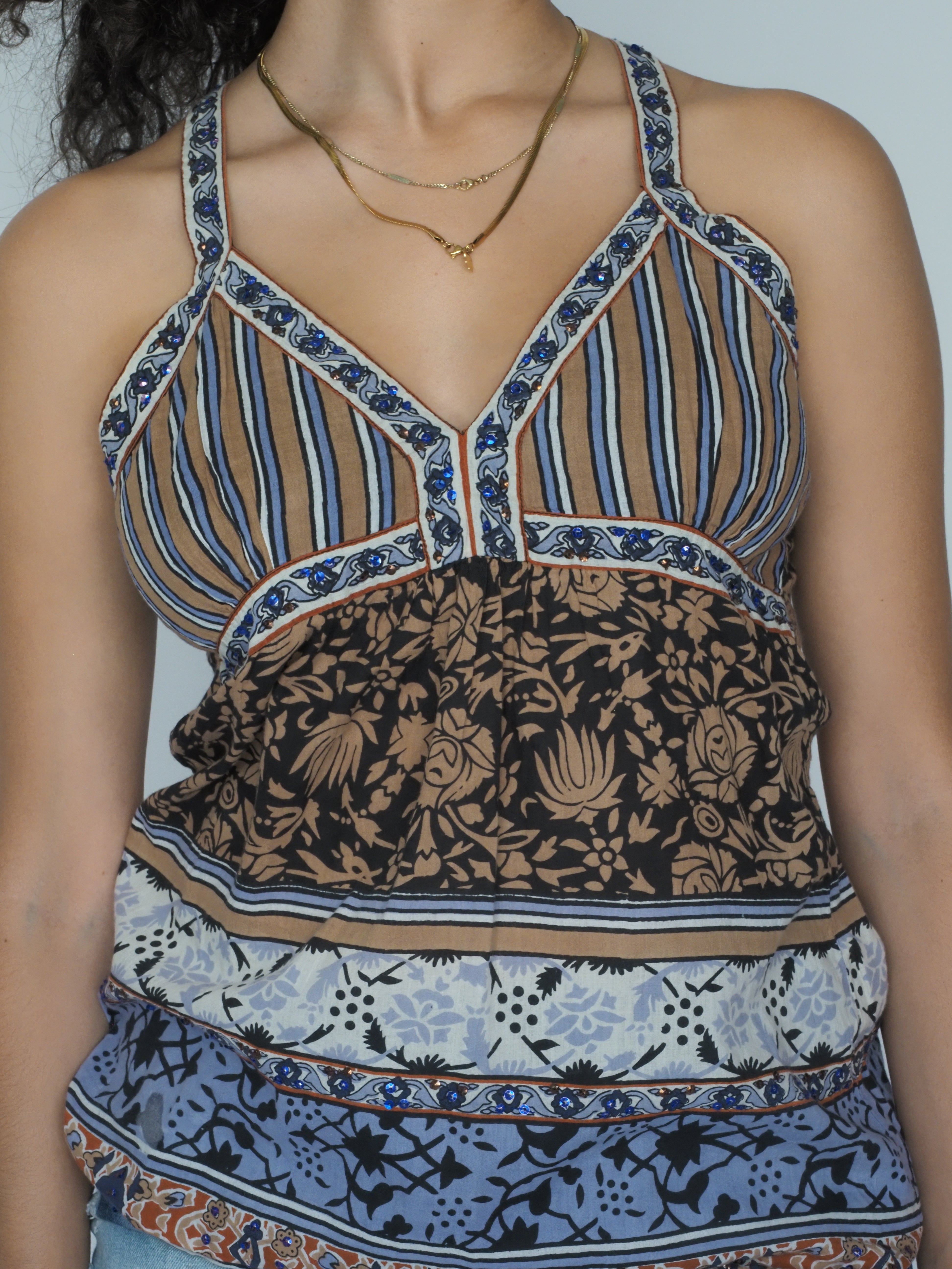 Y2K Boho Patchwork Print Strappy Top – Brown & Blue
