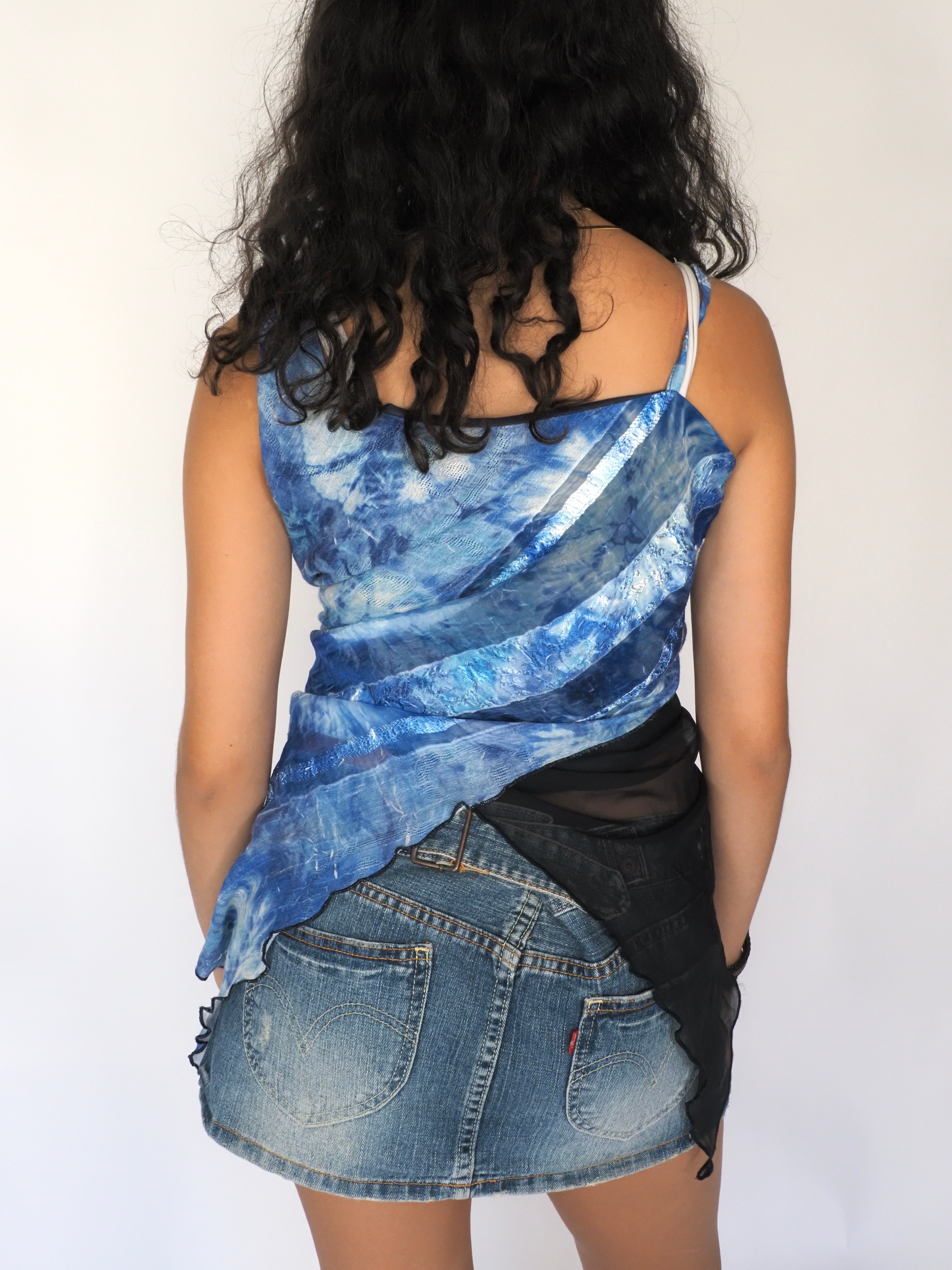 Abstract Ocean Print Asymmetrical Drape Cami Top