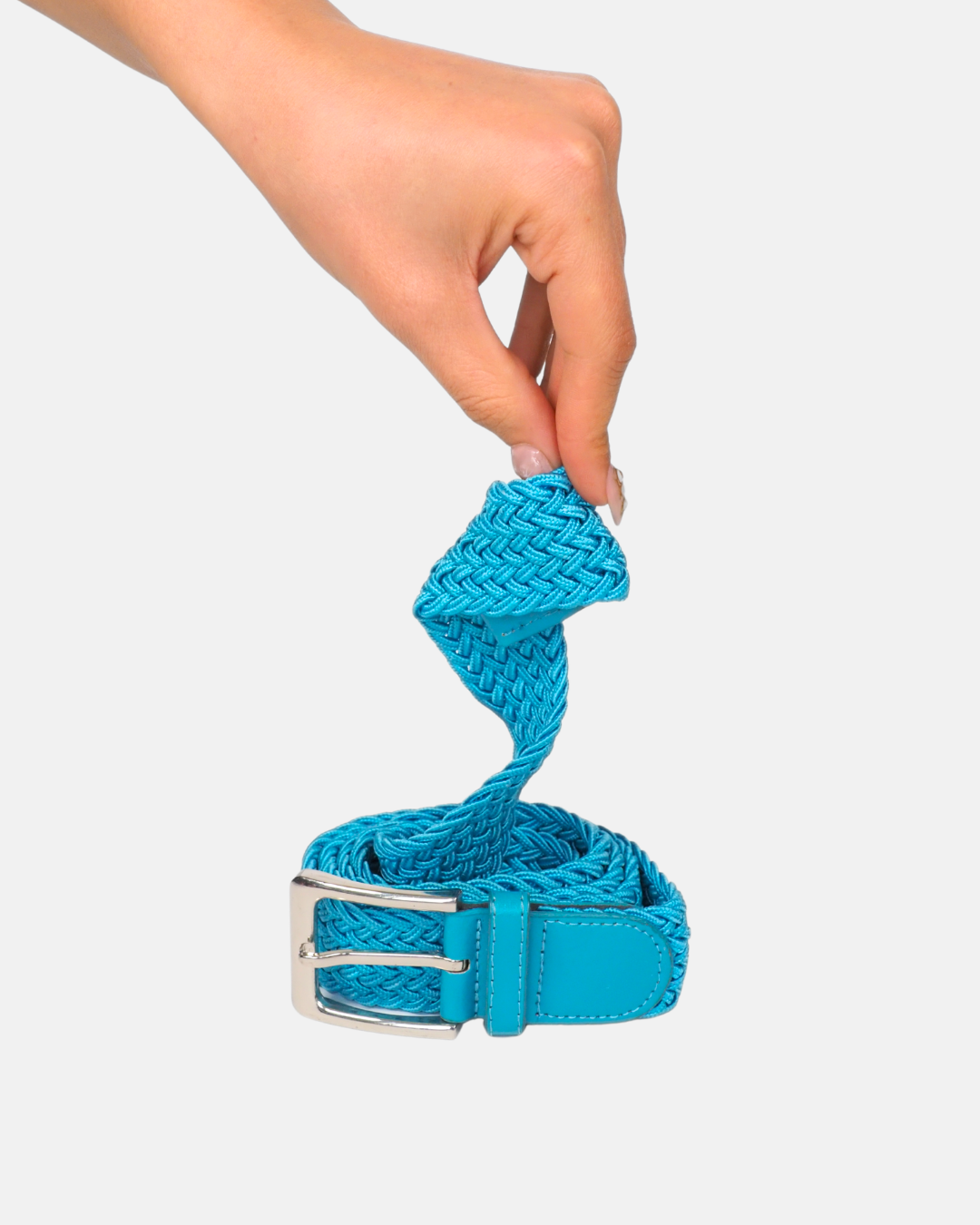 Turquoise Braided Elastic Stretch Belt with Silver Buckle