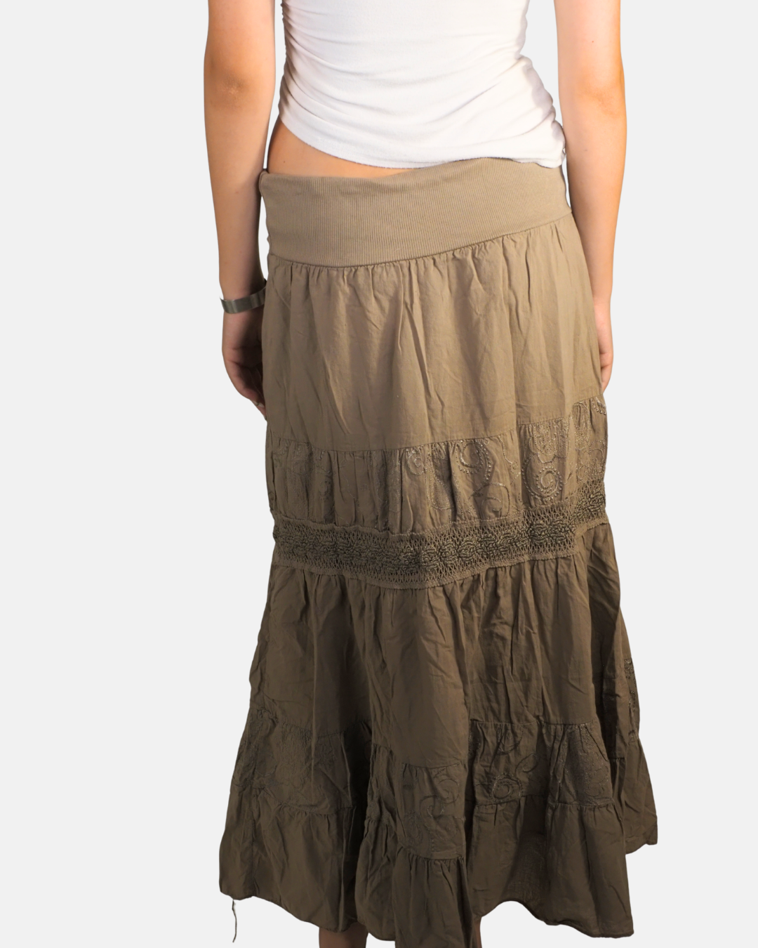 Brown Embroidered Panel Maxi Skirt