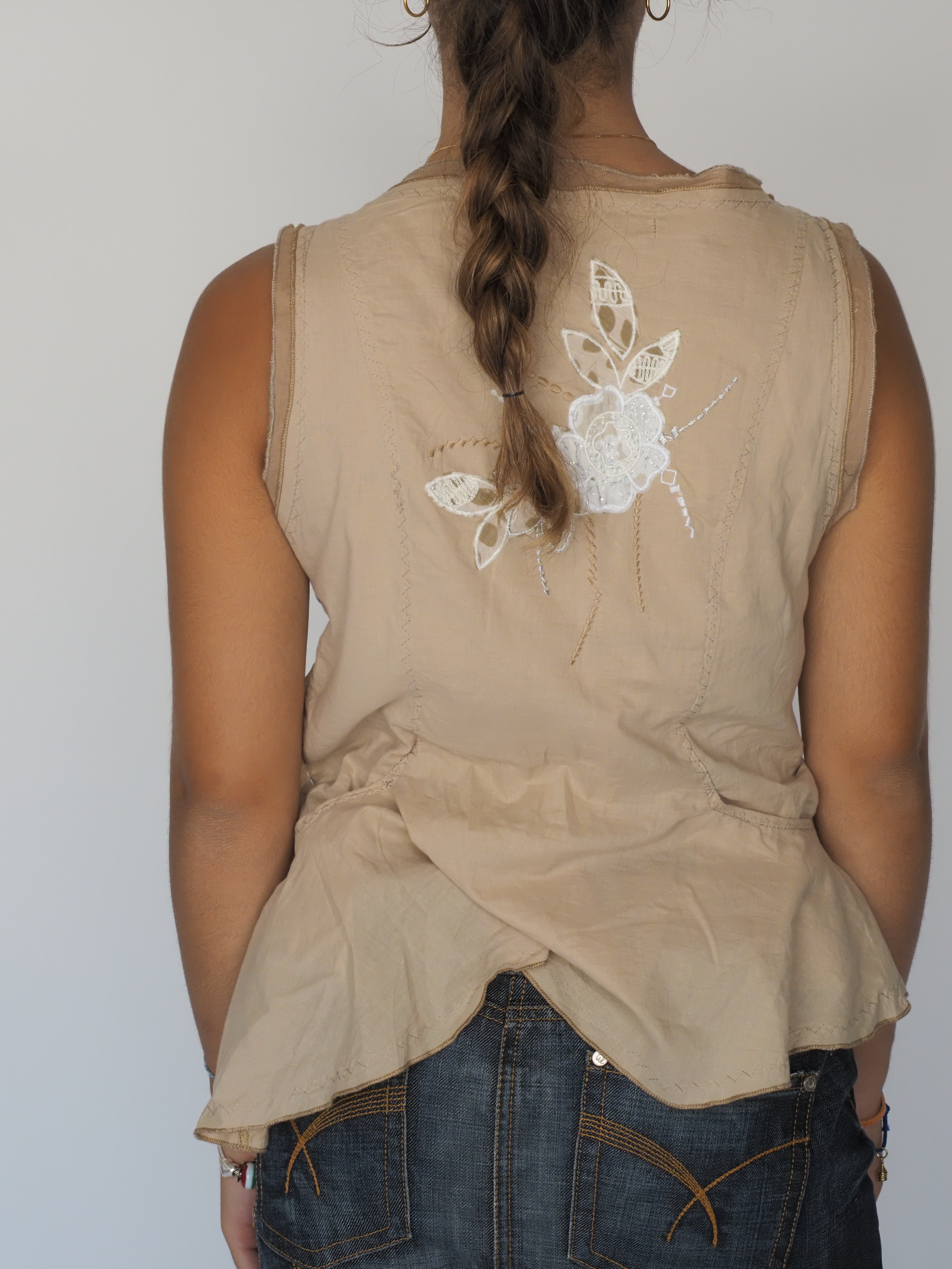 My Design Paris Beige Embroidered Tank with Lace-Up Shoulder Detail