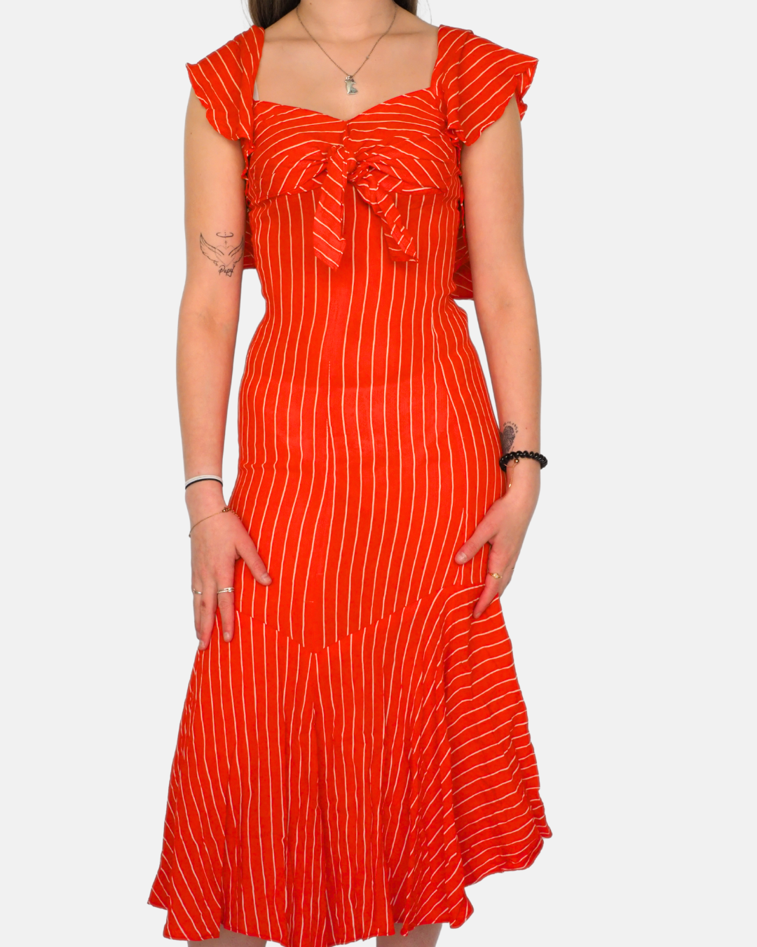 Red & White Stripe Bow Front Midi Dress
