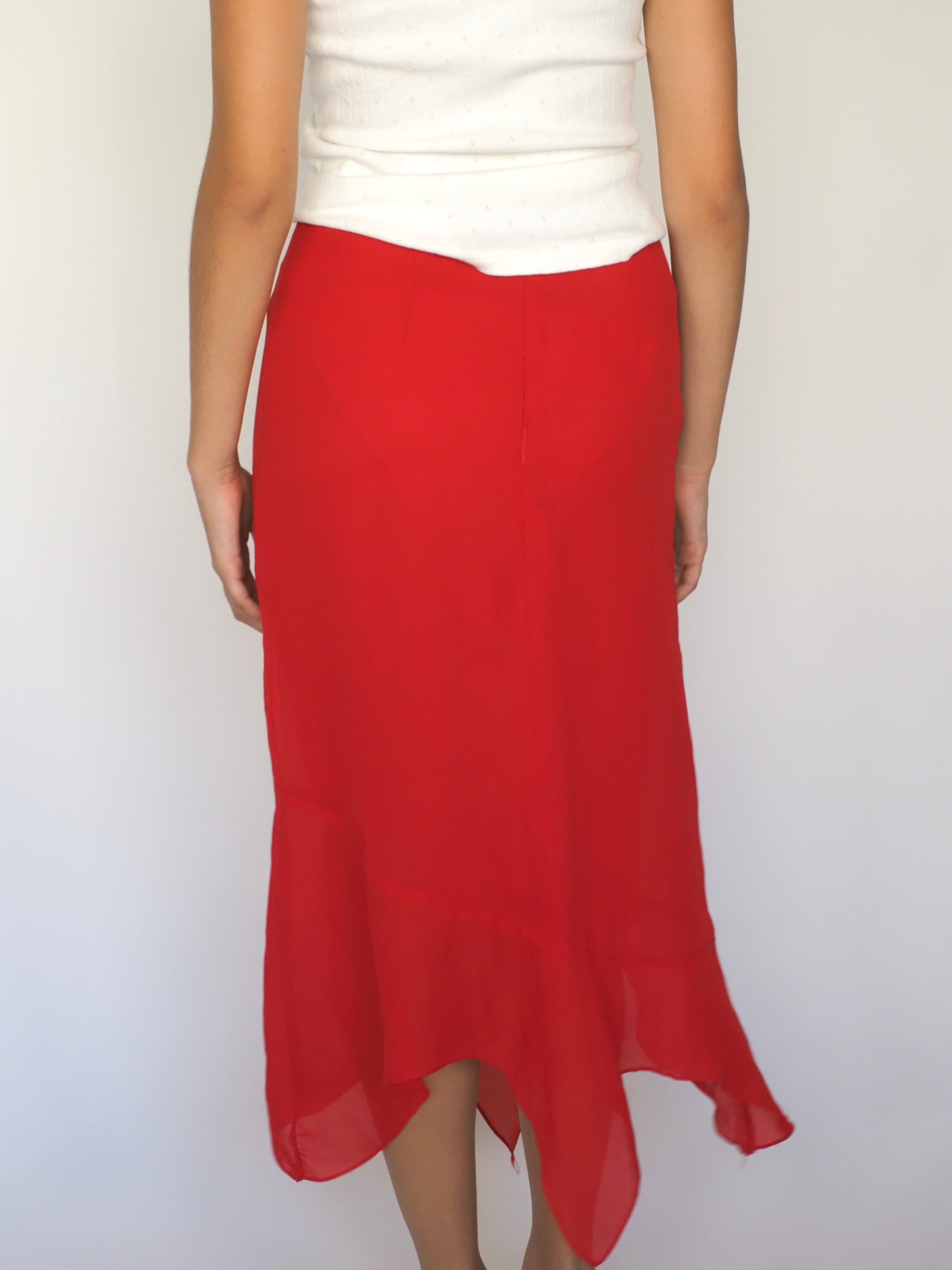 Red Handkerchief-Hem Chiffon Midi Skirt