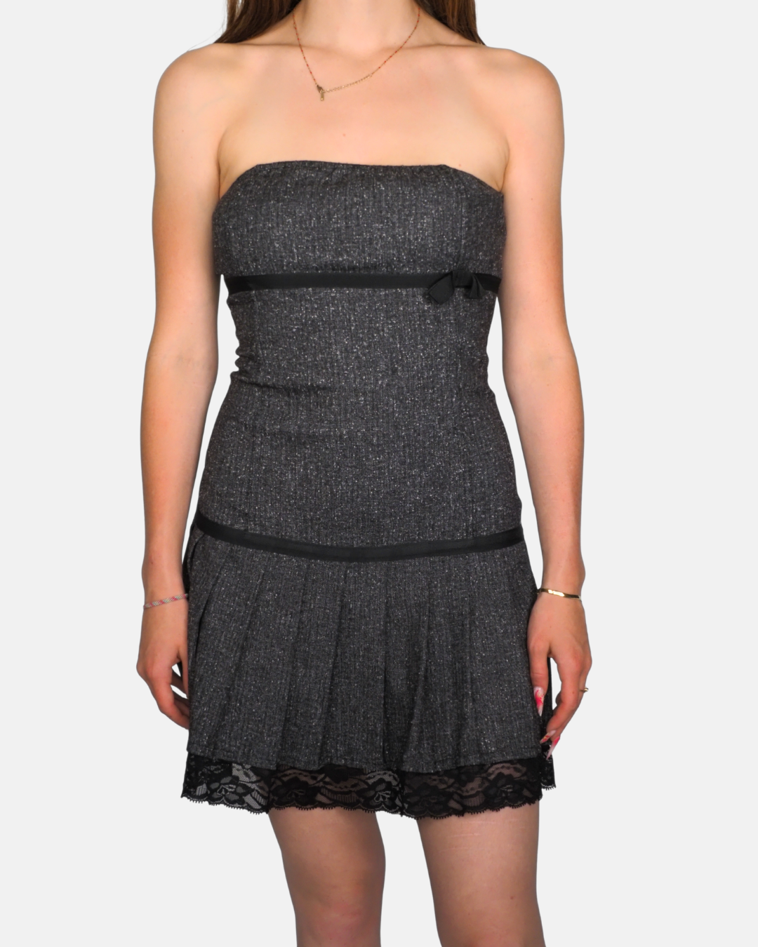 Dark Shimmer Bandeau Lace Hem Mini Dress