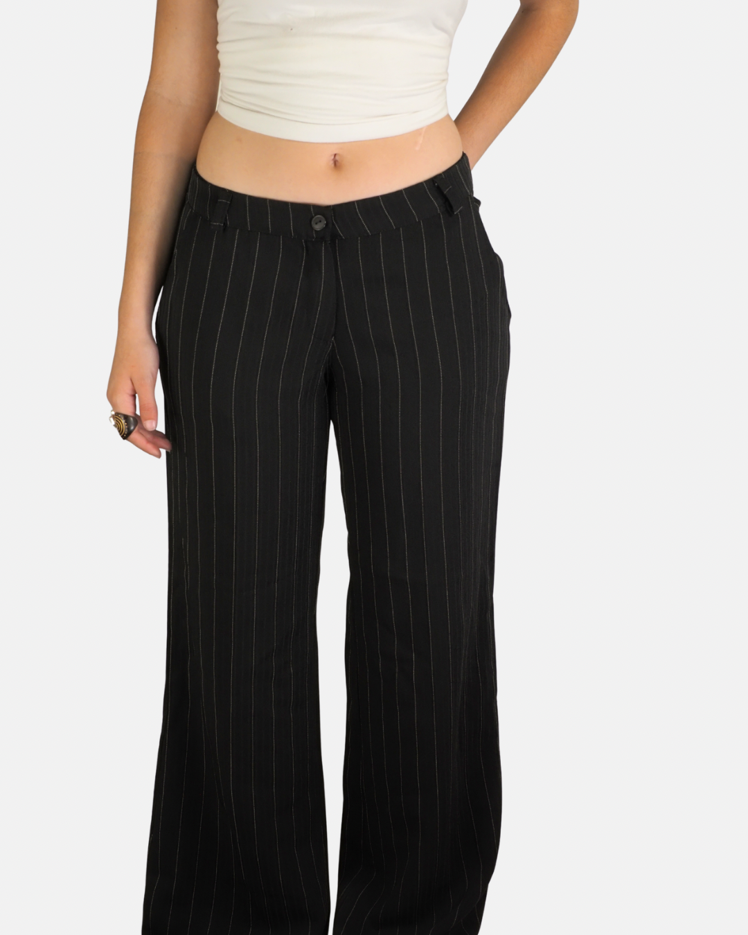 Black Pinstripe Low Rise Flared Trousers