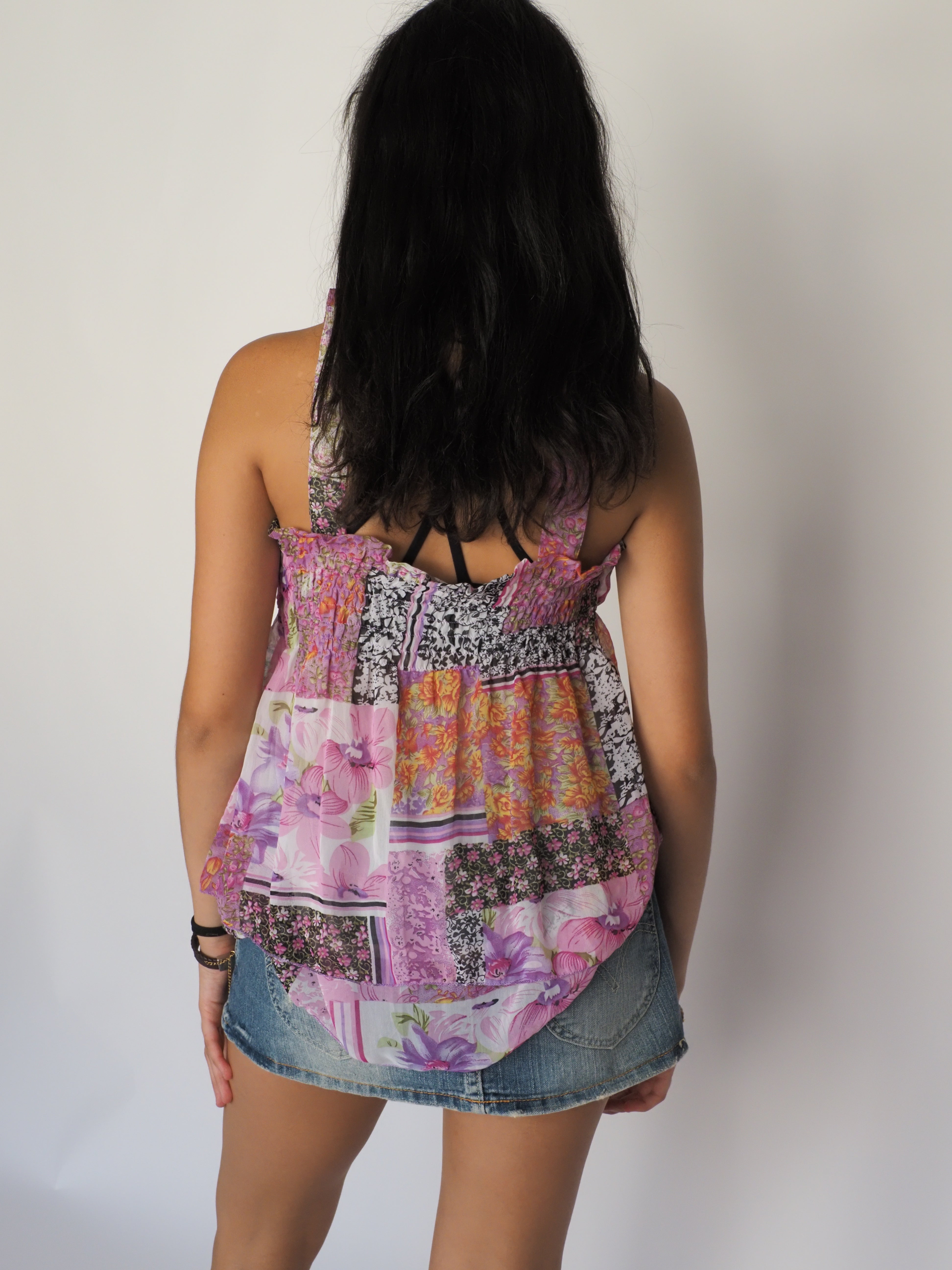 Vintage Boho Patchwork Chiffon Babydoll Top in Purples & Pinks – Green