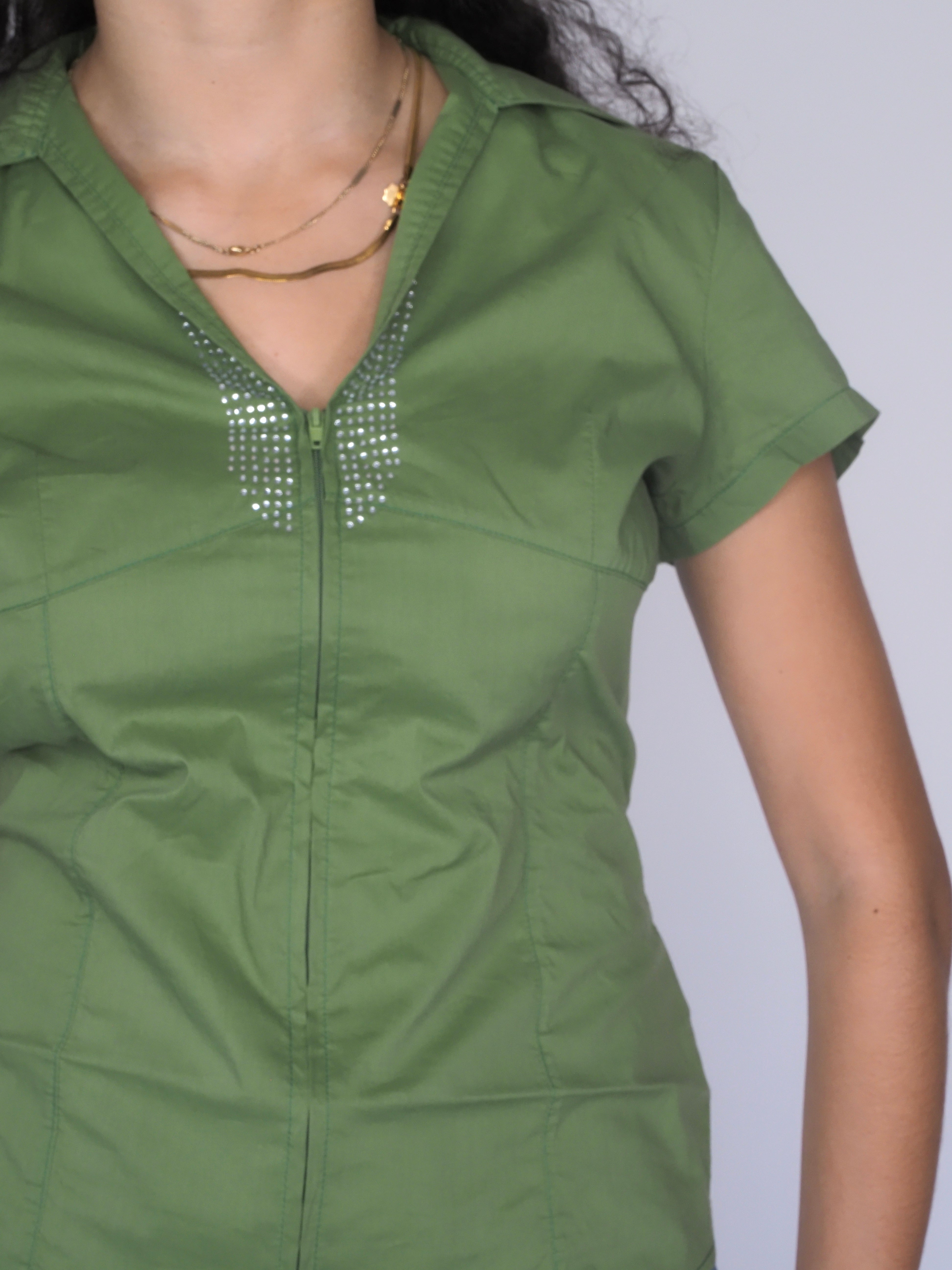Green Zip-Up Fitted Blouse
