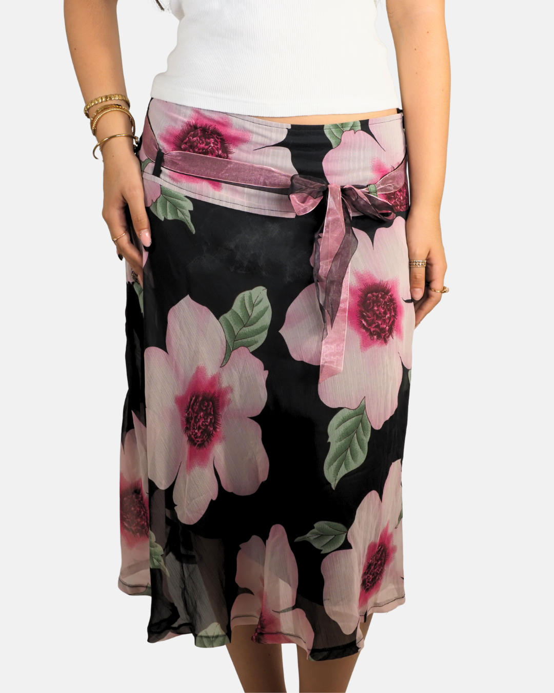 Y2K Black & Pink Floral Tie-Waist Midi Skirt