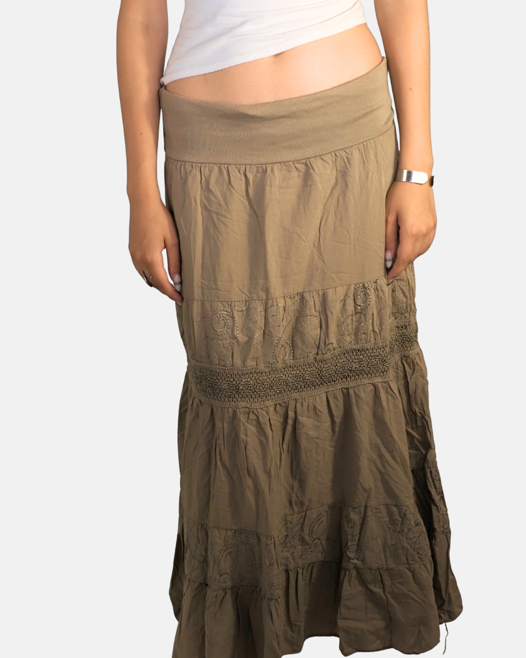 Brown Embroidered Panel Maxi Skirt