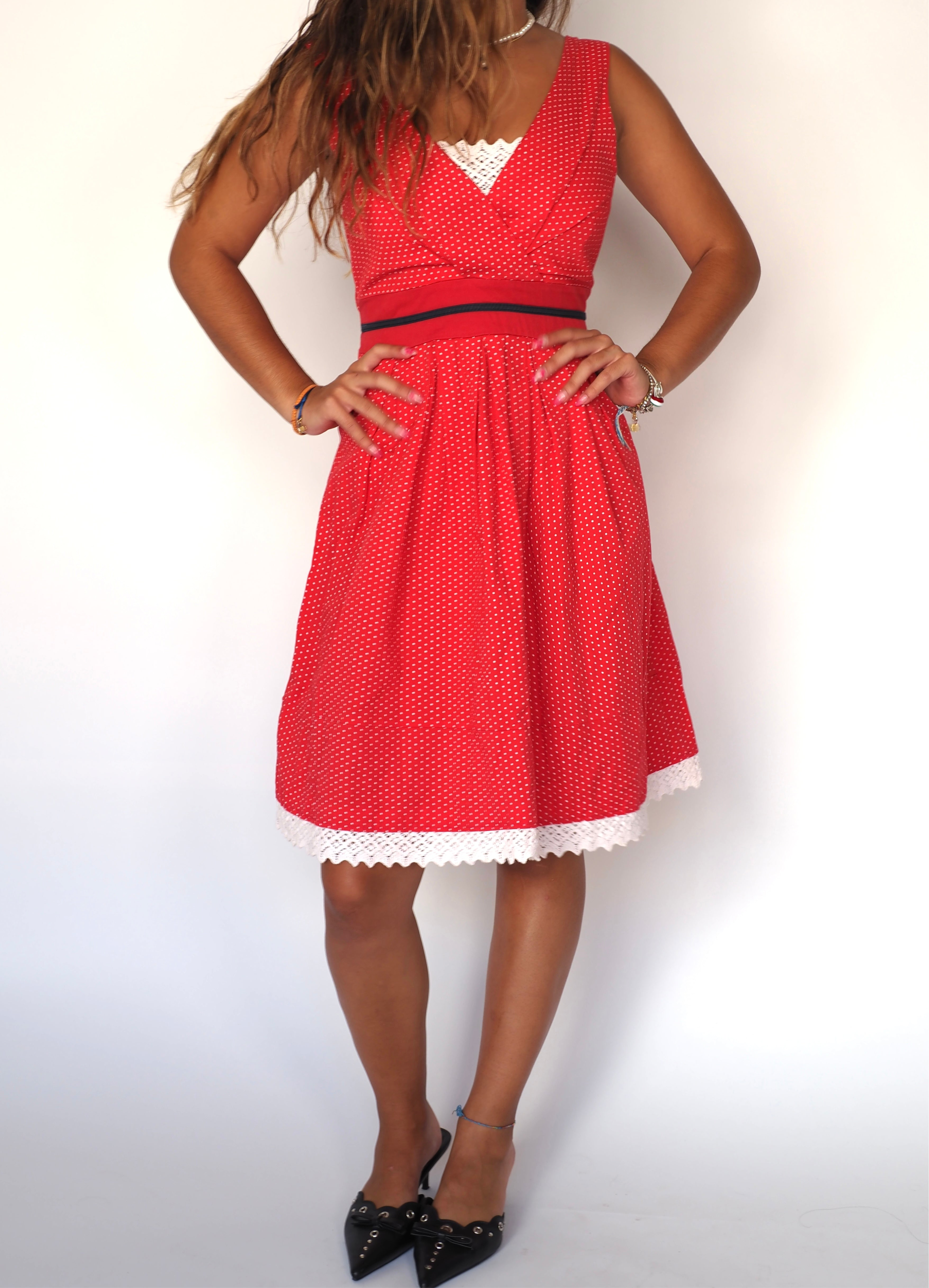 Vintage Red Polka Dot Fit & Flare Dress with Lace Trim